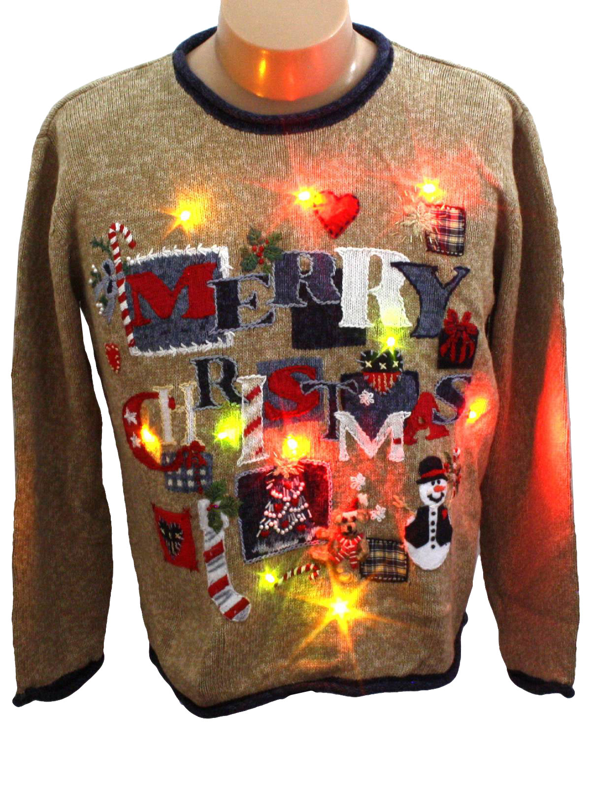 Light up Ugly Christmas Sweater Heirloom Collectibles Unisex heather tan background ramie cotton blend longsleeve light up 10 removable battery powered multicolored led Christmas flashing lights bat...