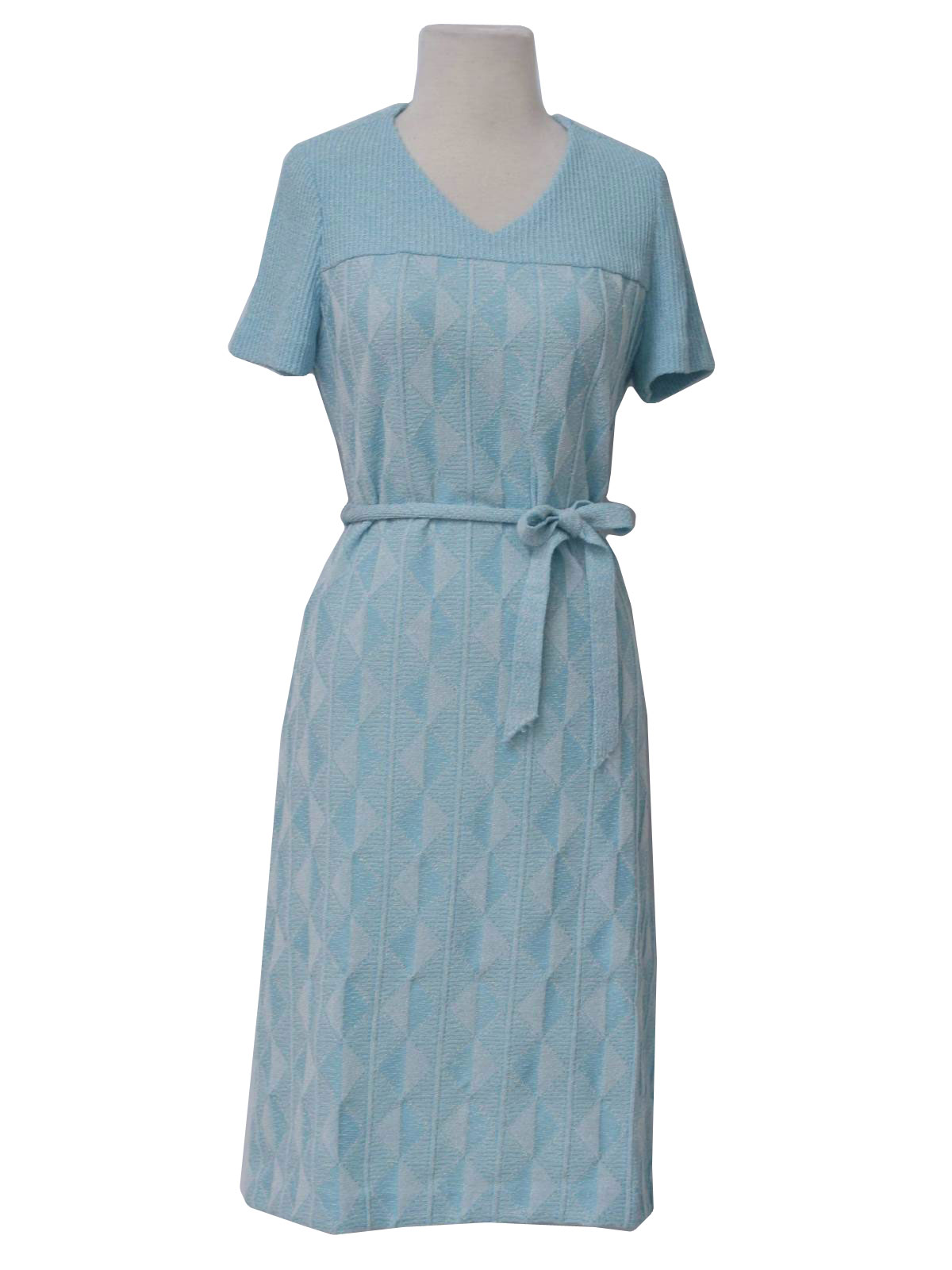 1970's Retro Dress: 70s -I Magnin- Womens aqua blue and white geometric ...