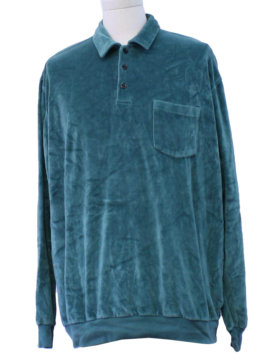1990's Retro Velour Shirt: 90s -Blair- Mens green solid colored cotton ...