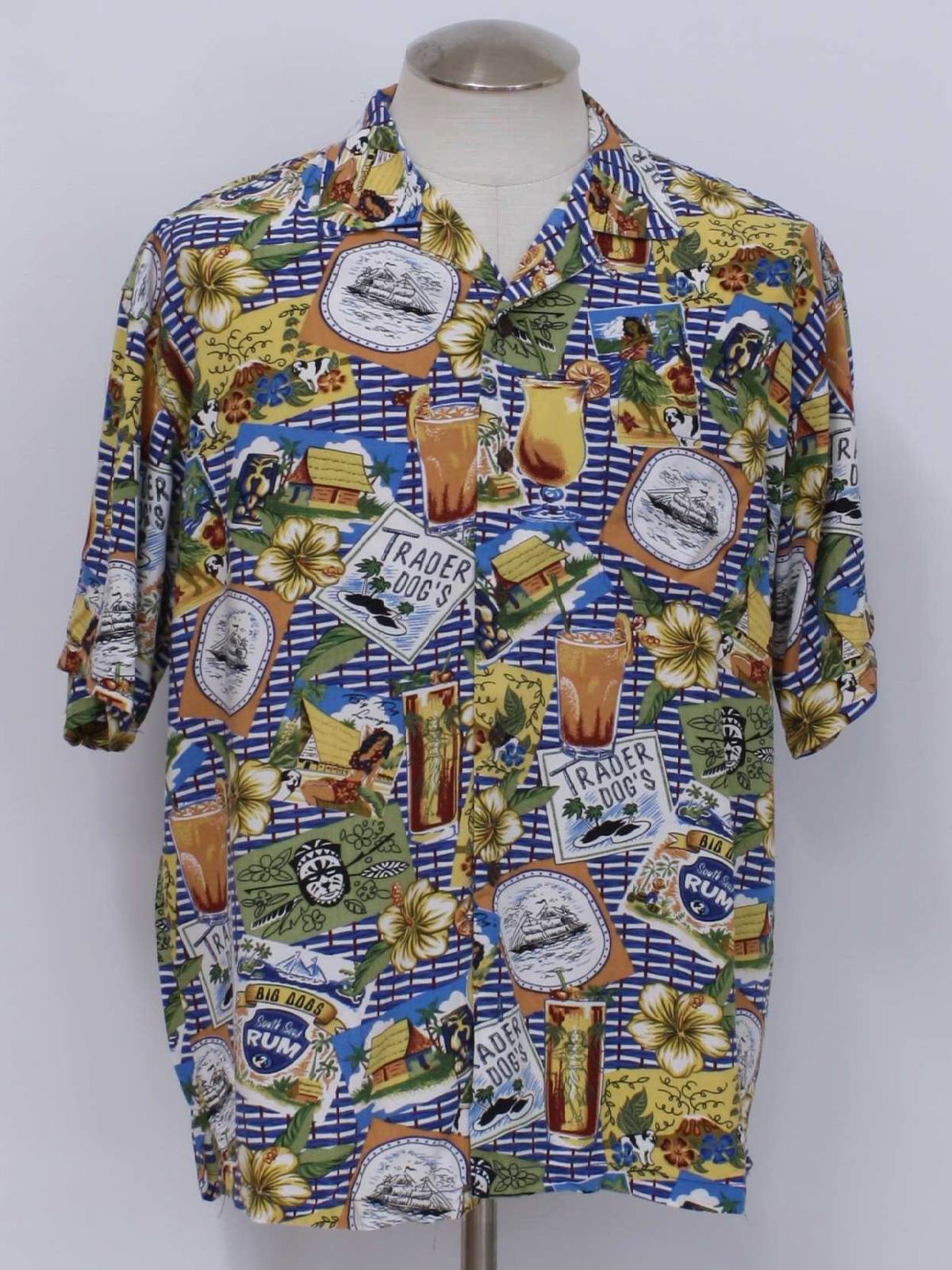 90s Hawaiian Shirt (Big Dog): 90s -Big Dog- Mens white background, navy