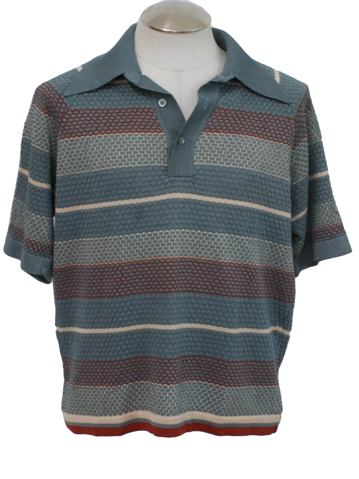 Vintage 70s Knit Shirt: 70s -Donegal- Mens dusty teal, rust-red and ...