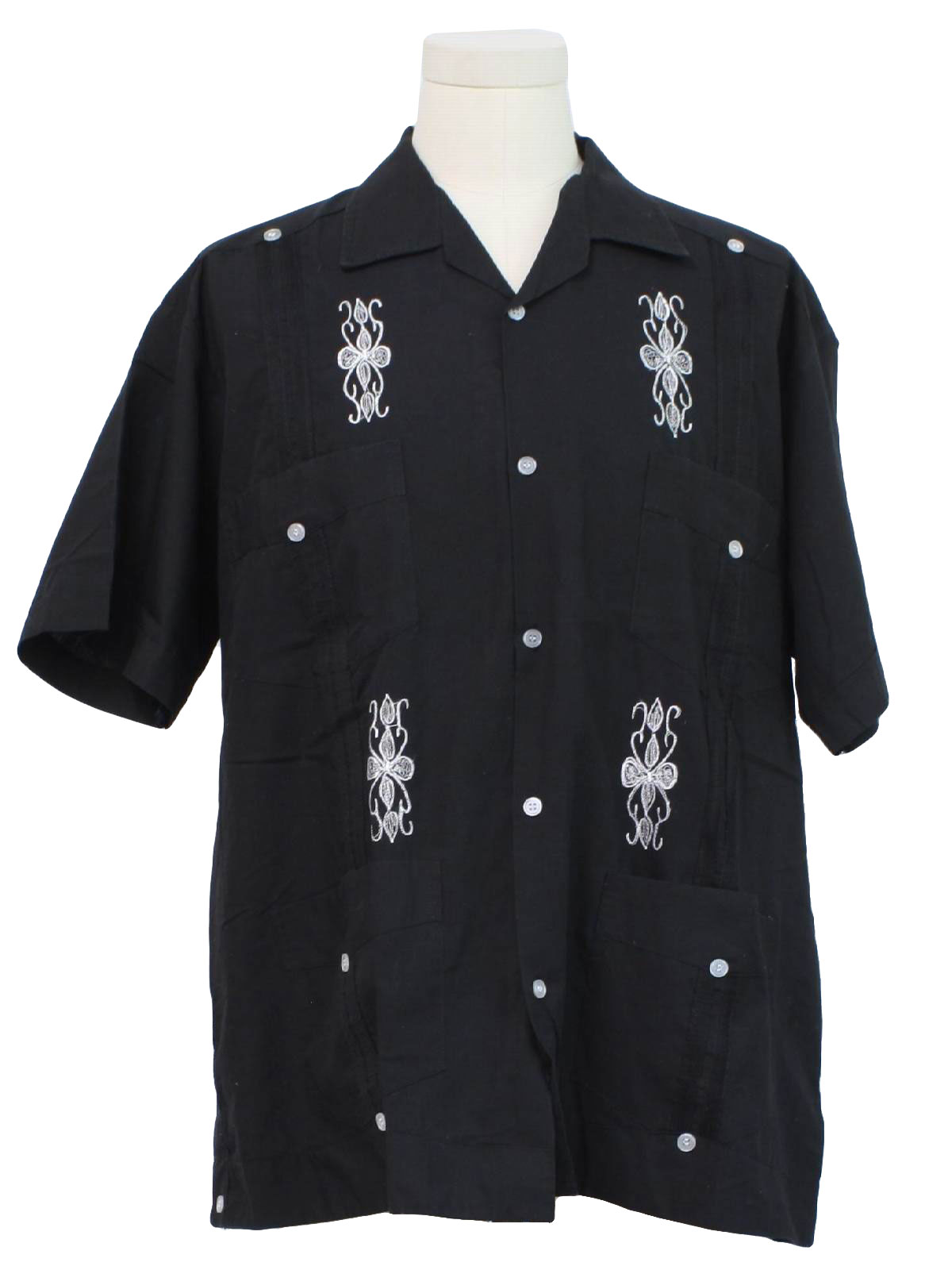 Guayabera Shirt: 90s -Guayabera Authentica- Mens black, short sleeve ...
