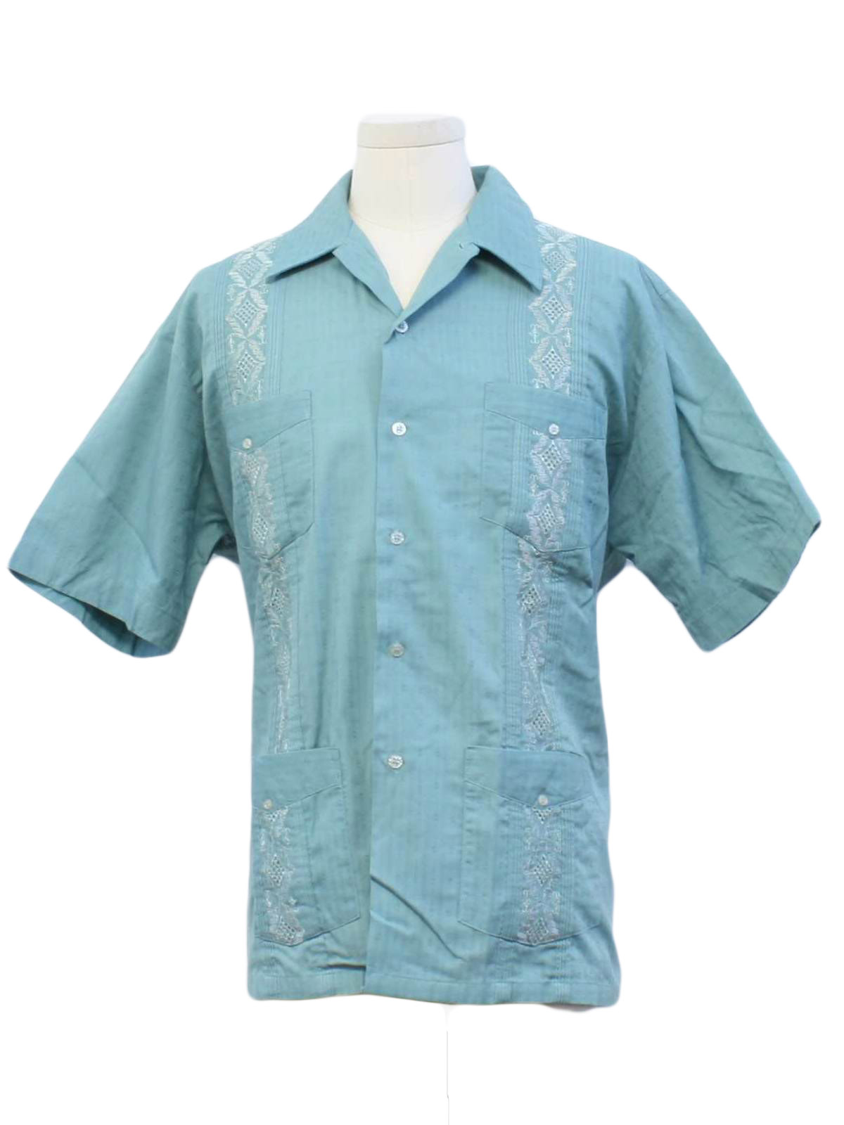 Vintage 1980's Guayabera Shirt: 80s -Haband- Mens teal green with ...