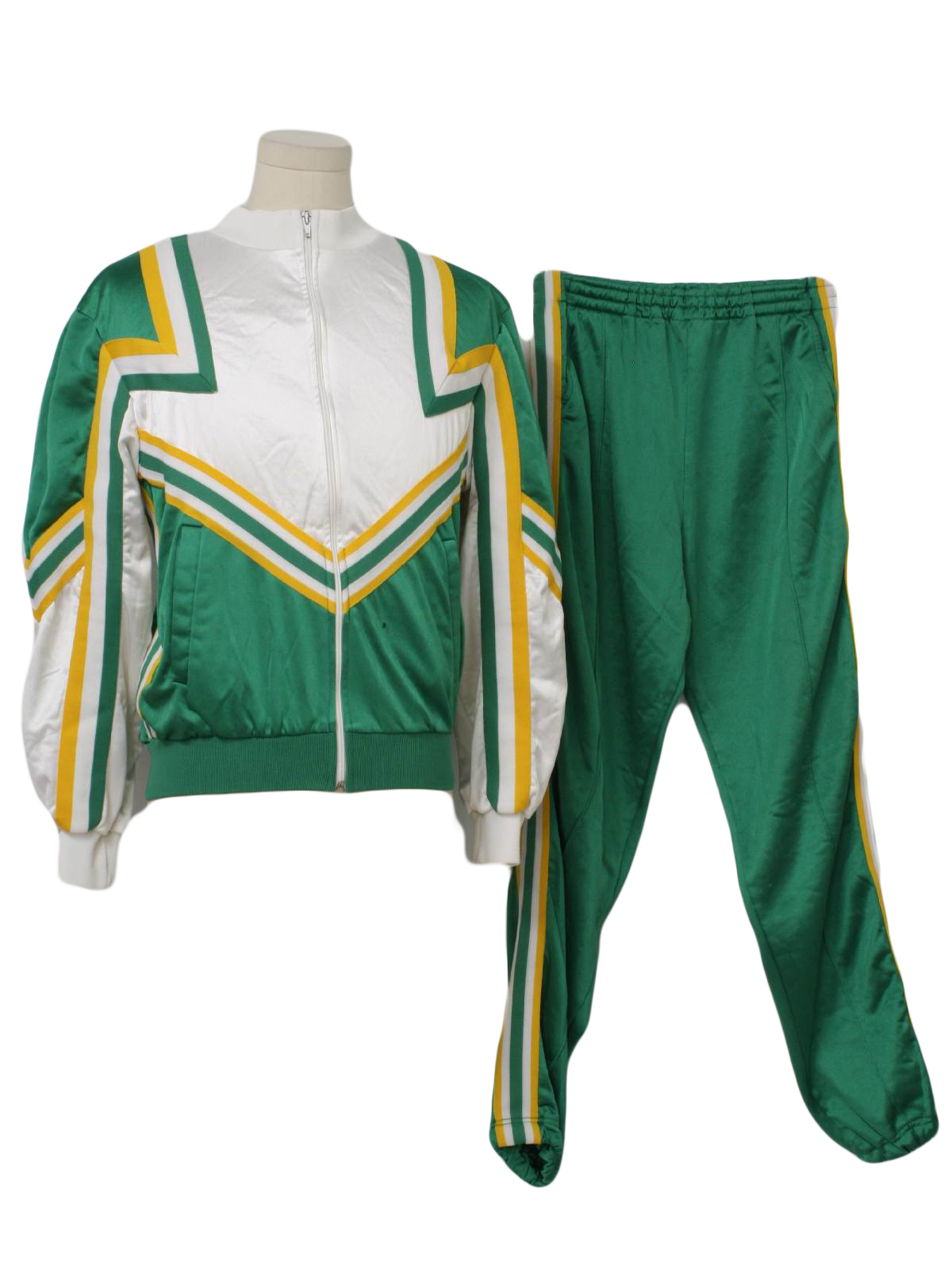 Retro 70s Suit Teammates 70s Teammates Mens Two Piece Track Suit With Kelly Green Background Gold White Nylon Satin Knit Track Jacket With Waist Length Styling Ribbed Knit Waistband Cuffs And