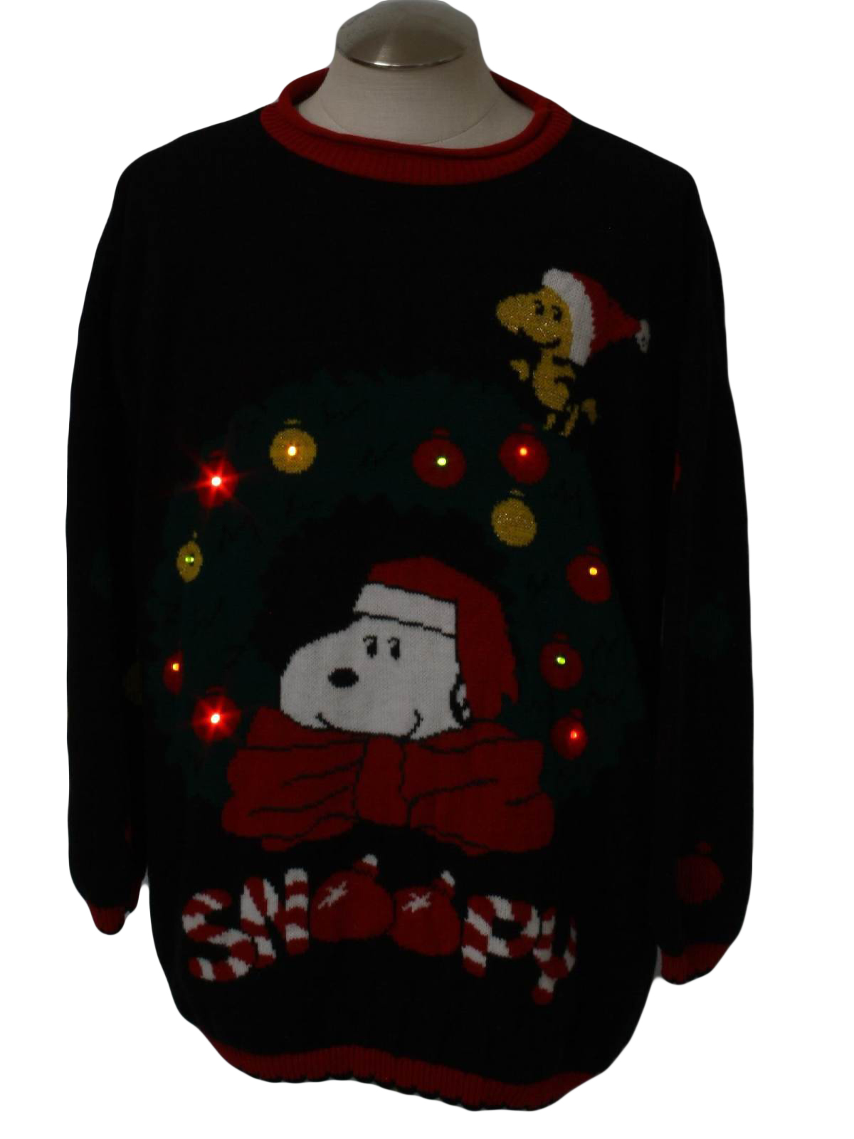 80 s Lightup Snoopy Ugly Christmas Sweater 80s Authentic vintage made in the USA Snoopy and Friends Unisex black background pullover acrylic light up ugly Christmas sweater 10 multicolored flashing ...