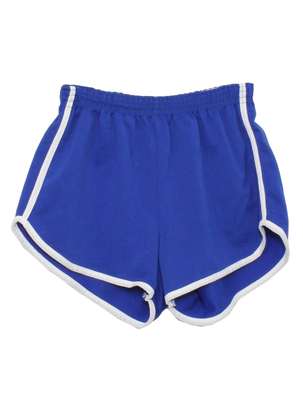 1970's Vintage Kmart Shorts: 70s -Kmart- Mens royal blue double knit  polyester, elastic waist gym shorts with white piped seam stripe design and  notched side vent hems. Shorts have tiny white spots