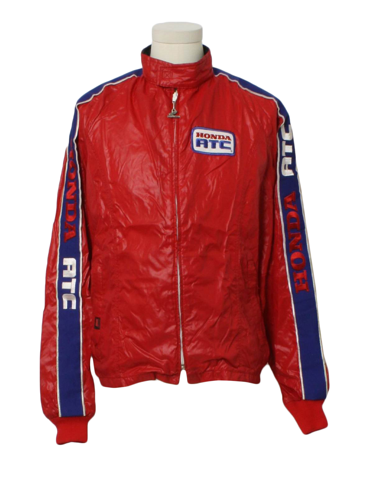 1980s Vintage Jacket 80s Hondaline Mens red background royal blue and white wet look nylon windbreaker style racing jacket. Wide stripes and Honda Atc logos down the sleeves a logo patch on the