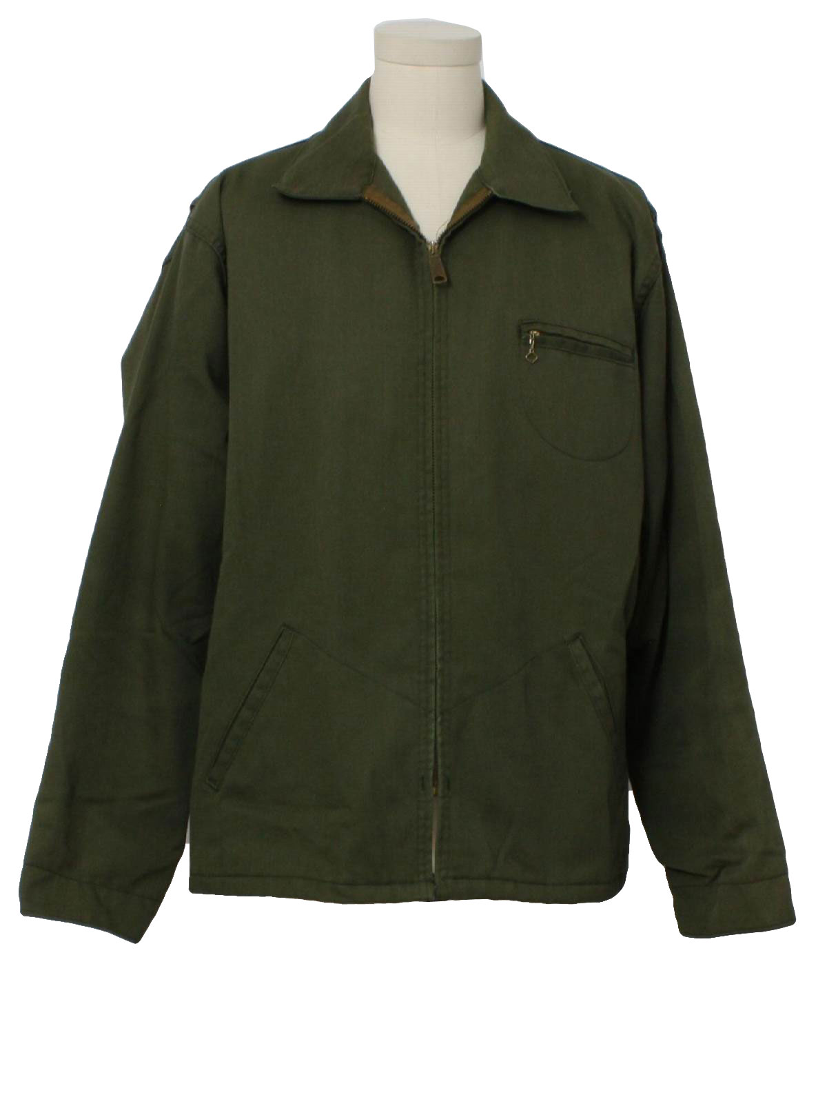 60s Jacket: 60s -No Label- Mens olive green cotton acrylic twill gas ...