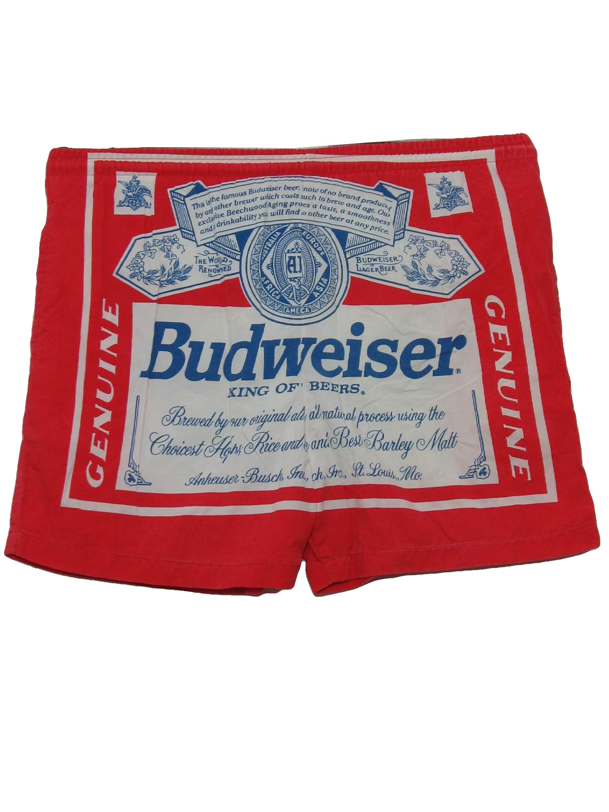 90s Retro Swimsuit Swimwear 90s Anheuser Busch Inc. Mens red background with white and cobalt blue Budweiser beer label print on front and back nylon crinkle taffeta wicked 90s elastic and drawstrin...