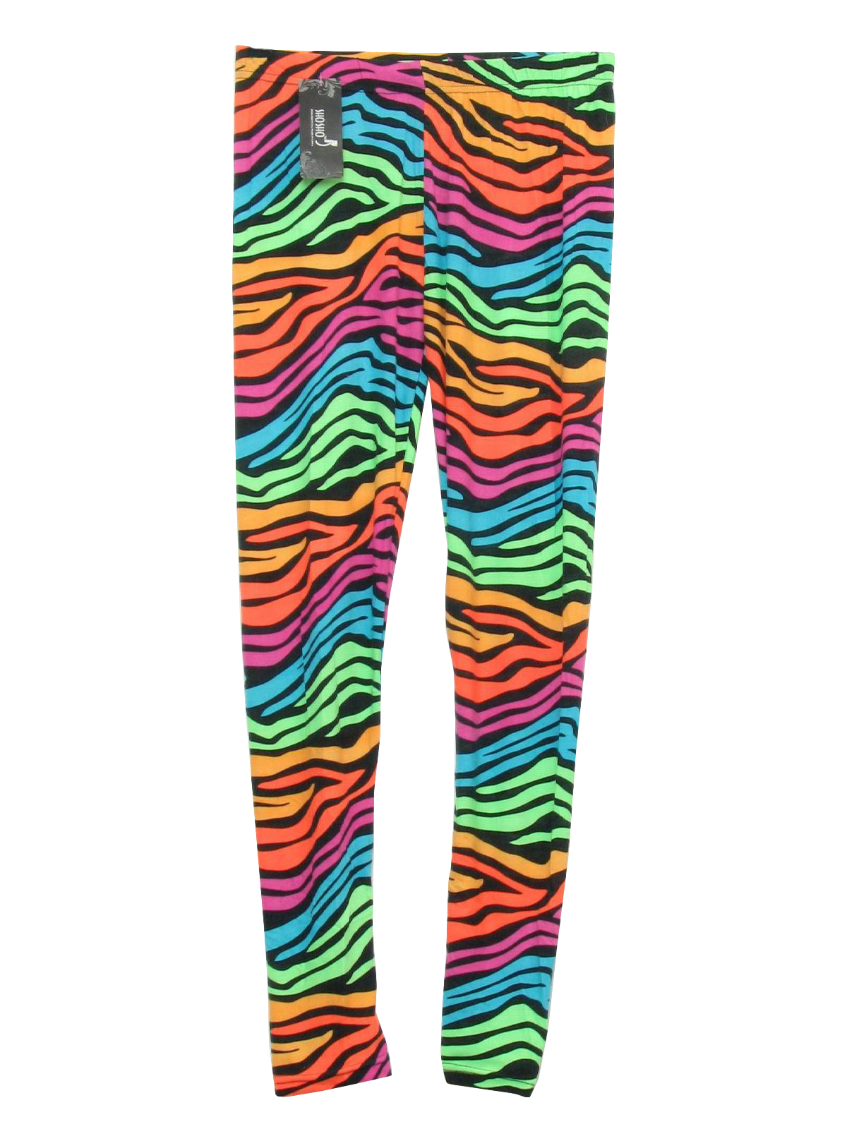 Vintage 1980's Pants: 80s style (made recently) -Missing Label- Womens  black, orange, green, teal, pink and light orange zebra striped, stretchy  polyester spandex totally 80s leggings pants with elastic waistband. Made  for