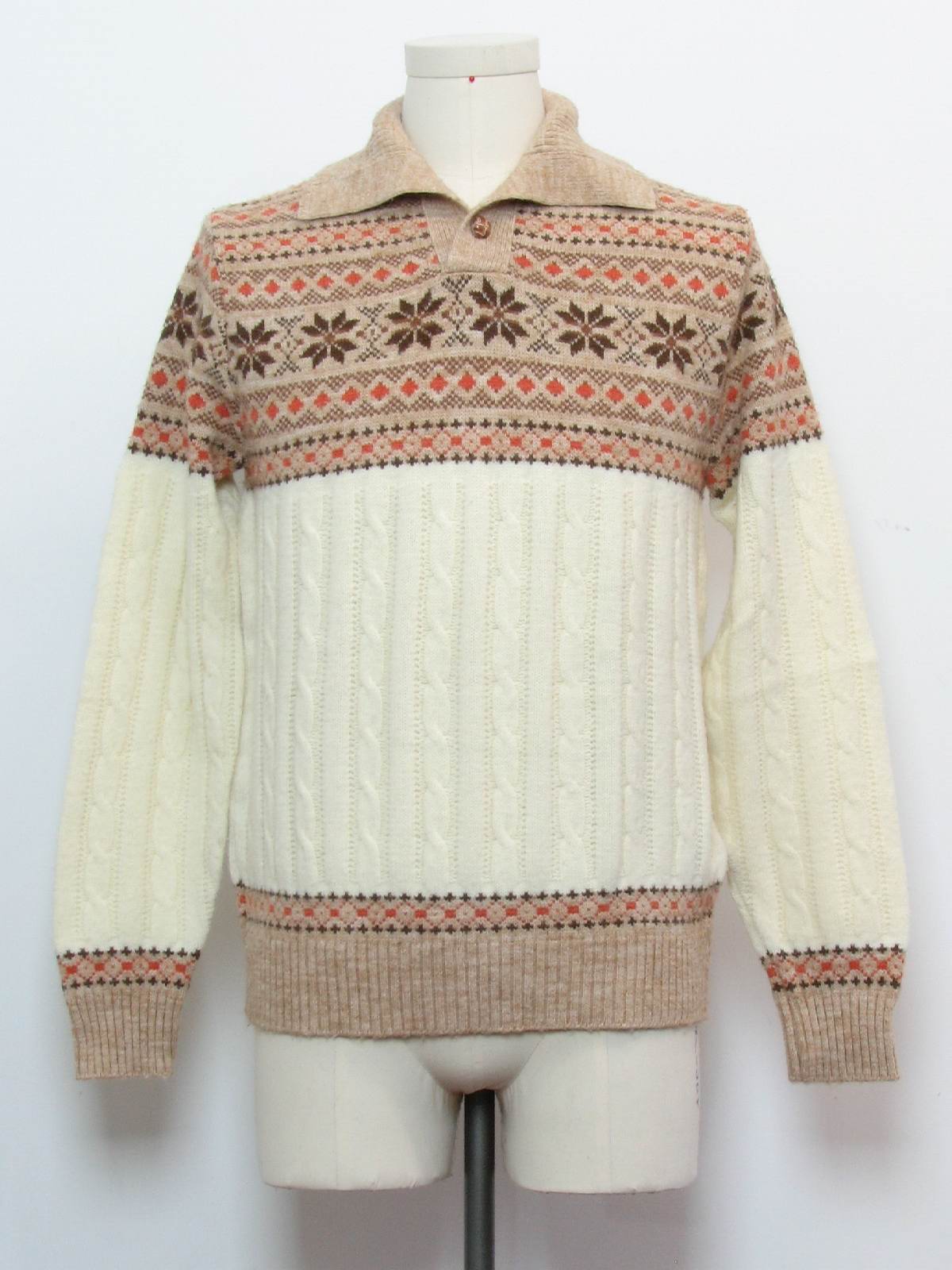 70s Vintage Jantzen Sweater 70s authentic vintage Jantzen Mens cable knit winter white tan dark brown and salmon pink snowflake print longsleeve pullover wool acrylic ski sweater with cool fold over...