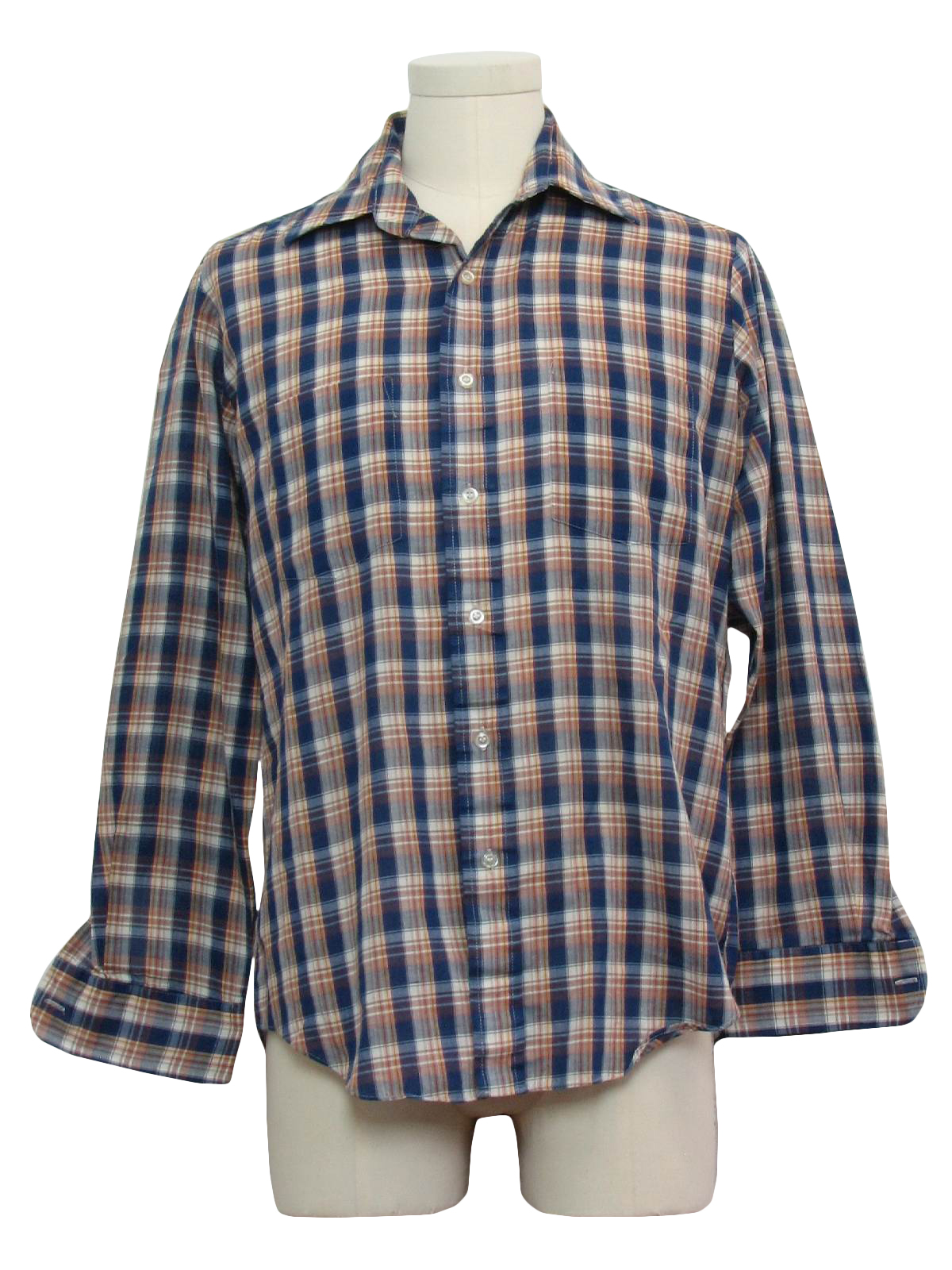 Vintage JCPenney 1980s Shirt 80s JCPenney Mens blue, off white, tan