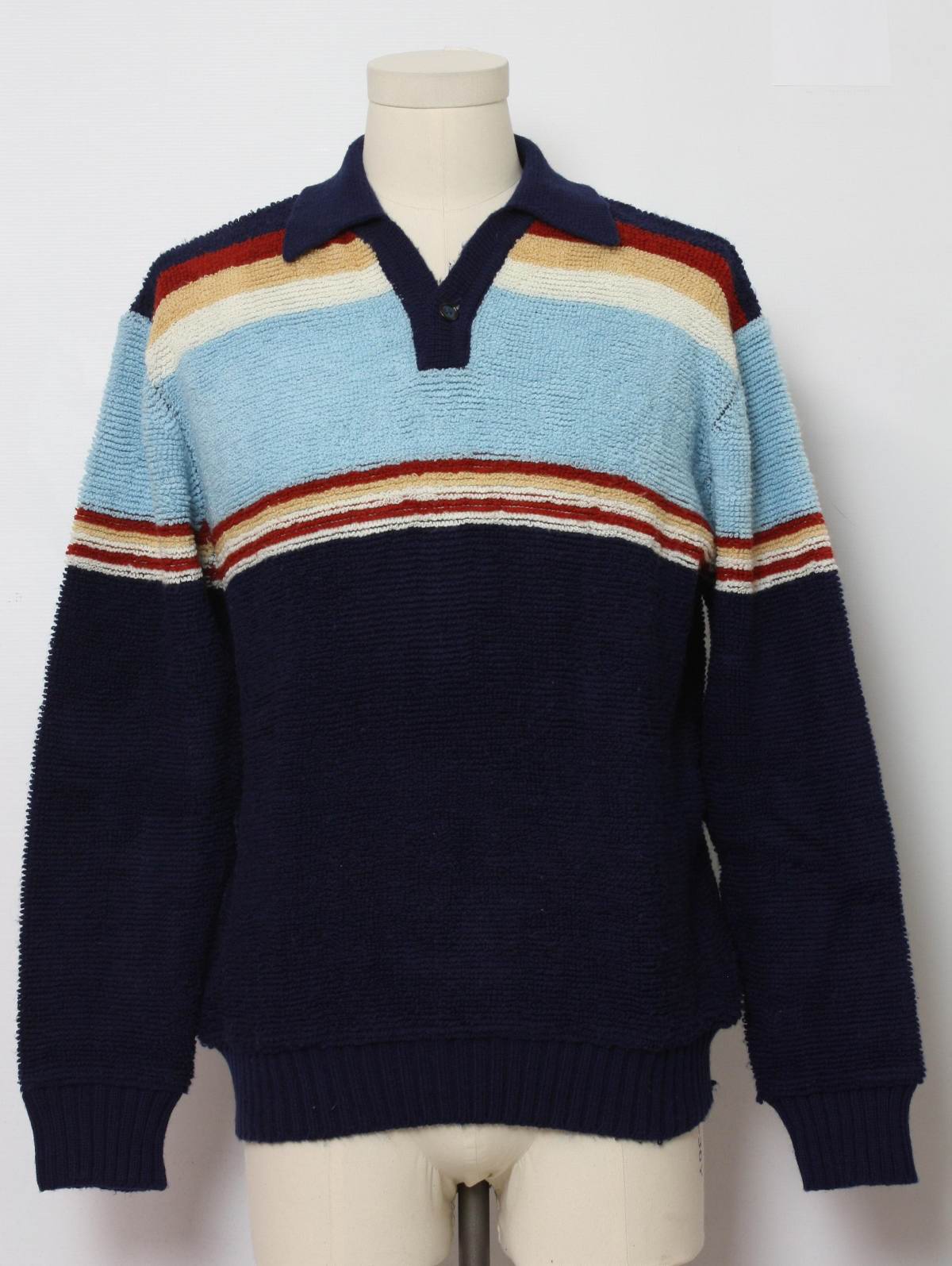 1980s Vintage Knit Shirt: 80s -Montgomery Ward- Mens navy blue, burnt ...