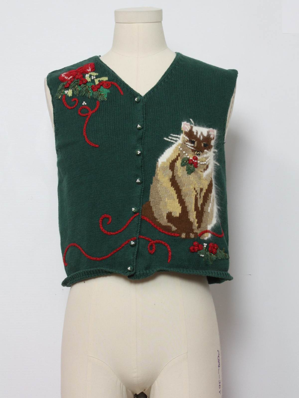Womens Cat tastic Ugly Christmas Sweater Vest Susan Bristol Petite Womens pine green background cotton ramie blend button front Cat tastic Ugly Christmas Sweater Vest veed neckline featuring a brown...