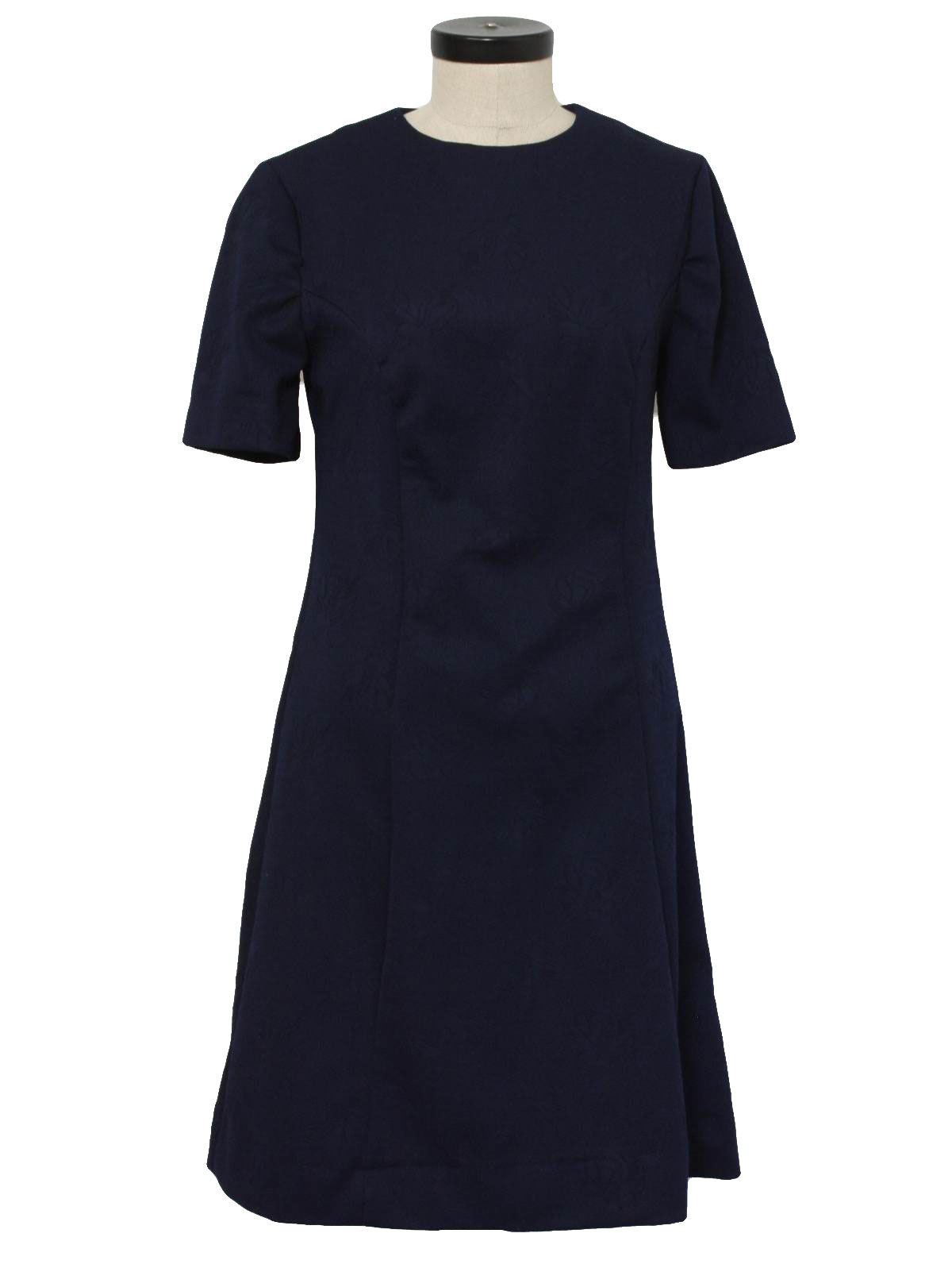 1970s Dress: 70s -Womens navy background, polyester knit, short sleeve ...