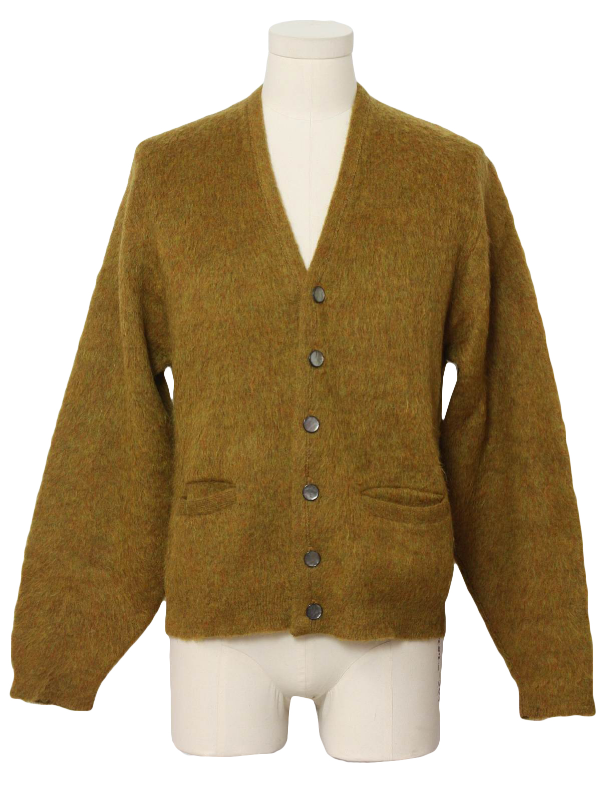 60's Vintage Caridgan Sweater: 60s -Campus- Mens olive green and