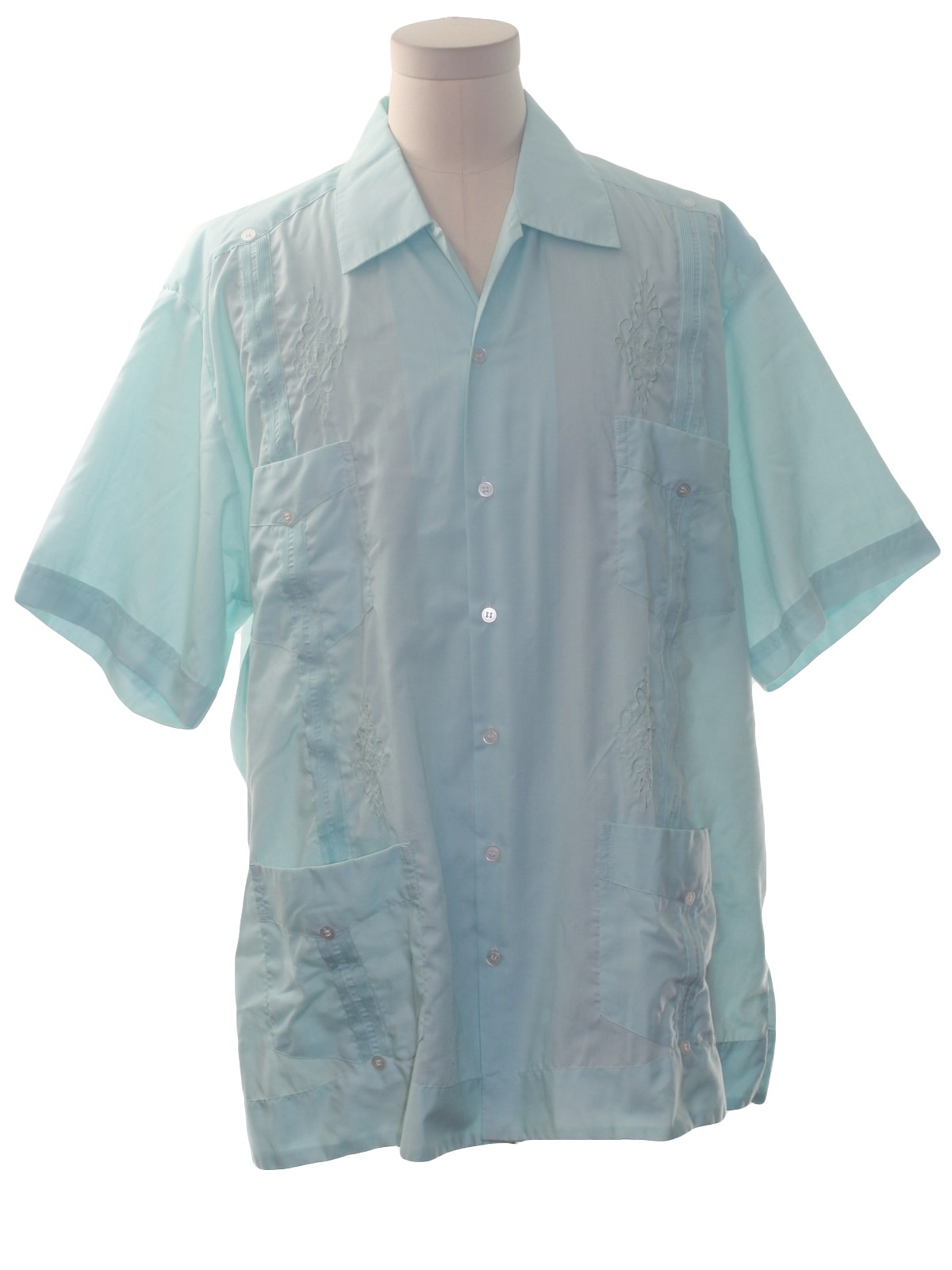 Retro 1970s Guayabera Shirt: 70s -Maya Real- Mens bright aqua cotton ...