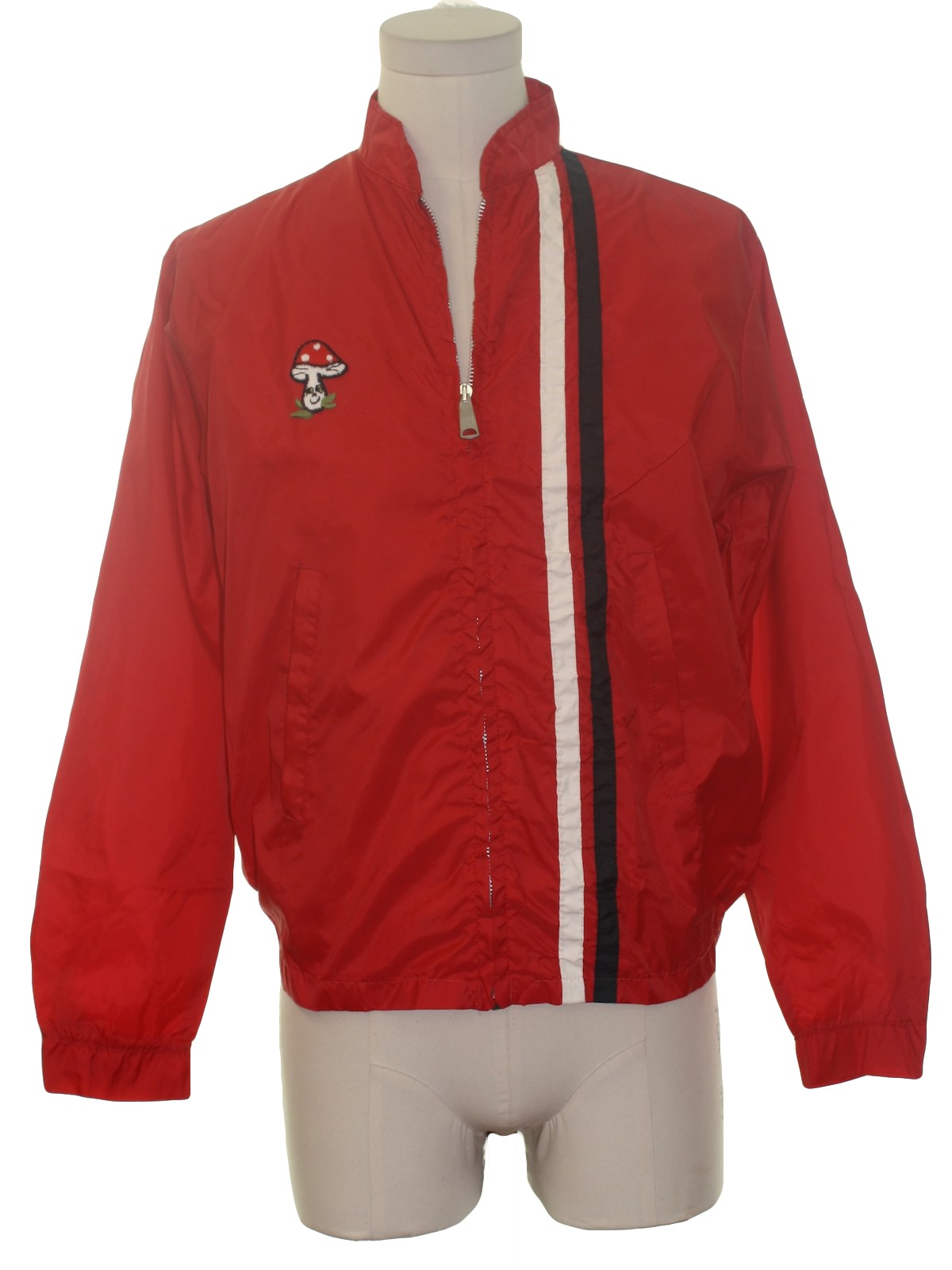 60's Vintage Jacket: 60s -Louisville Sportswear- Unisex red, white and  black nylon windbreaker style racing jacket. Stripes down the left front,  an appliqued cute mushroom patch on the right chest, lower inset