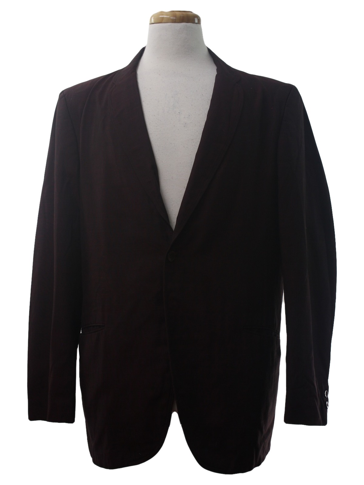 1960s Vintage Jacket: 60s -Trend Shop- Mens wine and black faint flat  textured box weave silk and cotton blend, light weight single button mod, smoking  jacket cut blazer with two lower inset