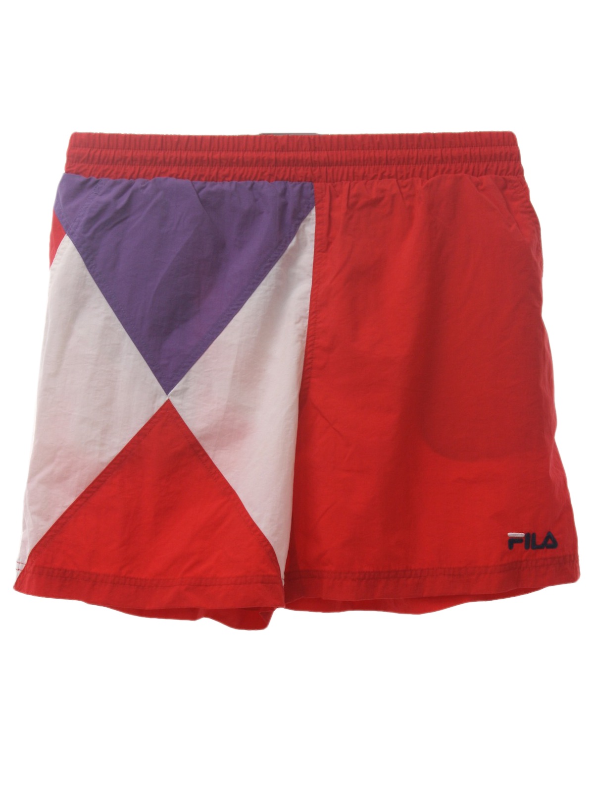 Fila Nineties Vintage Swimsuit Swimwear 90s Fila Mens red background with white and violet geometric color block design nylon on nylon mesh brief lined wicked 90s swim trunks with elastic tie off wa...