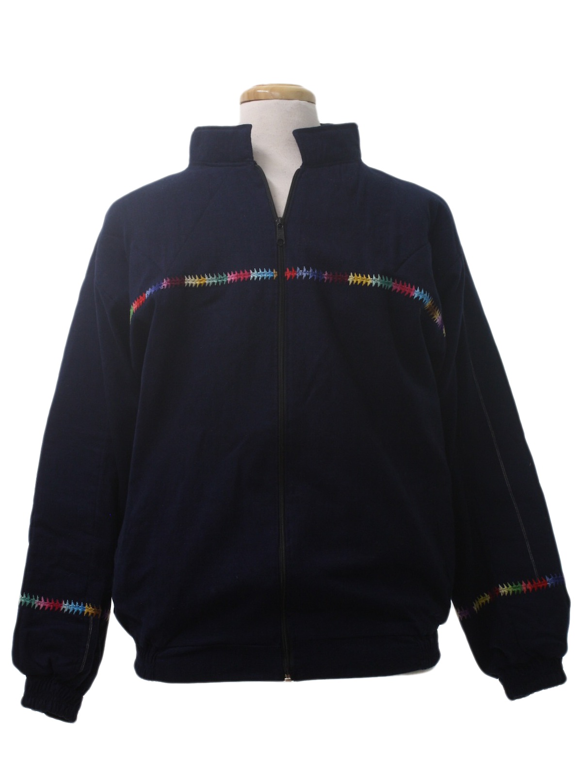 1980's Jacket: 80s -no label- Mens midnight blue with multi color woven ...