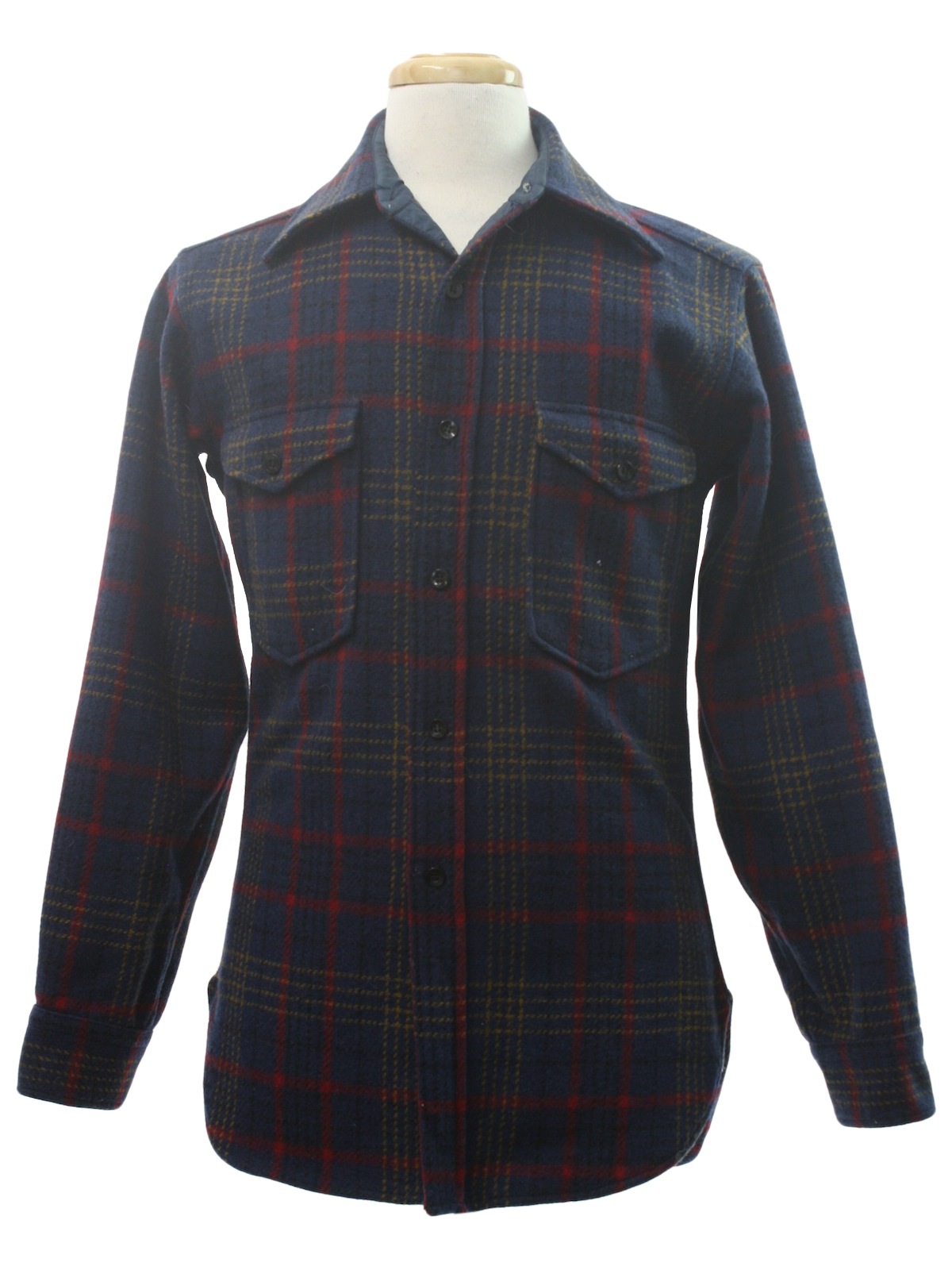 1970's Retro Wool Shirt: 70s -Pendleton Made in USA- Mens midnight blue