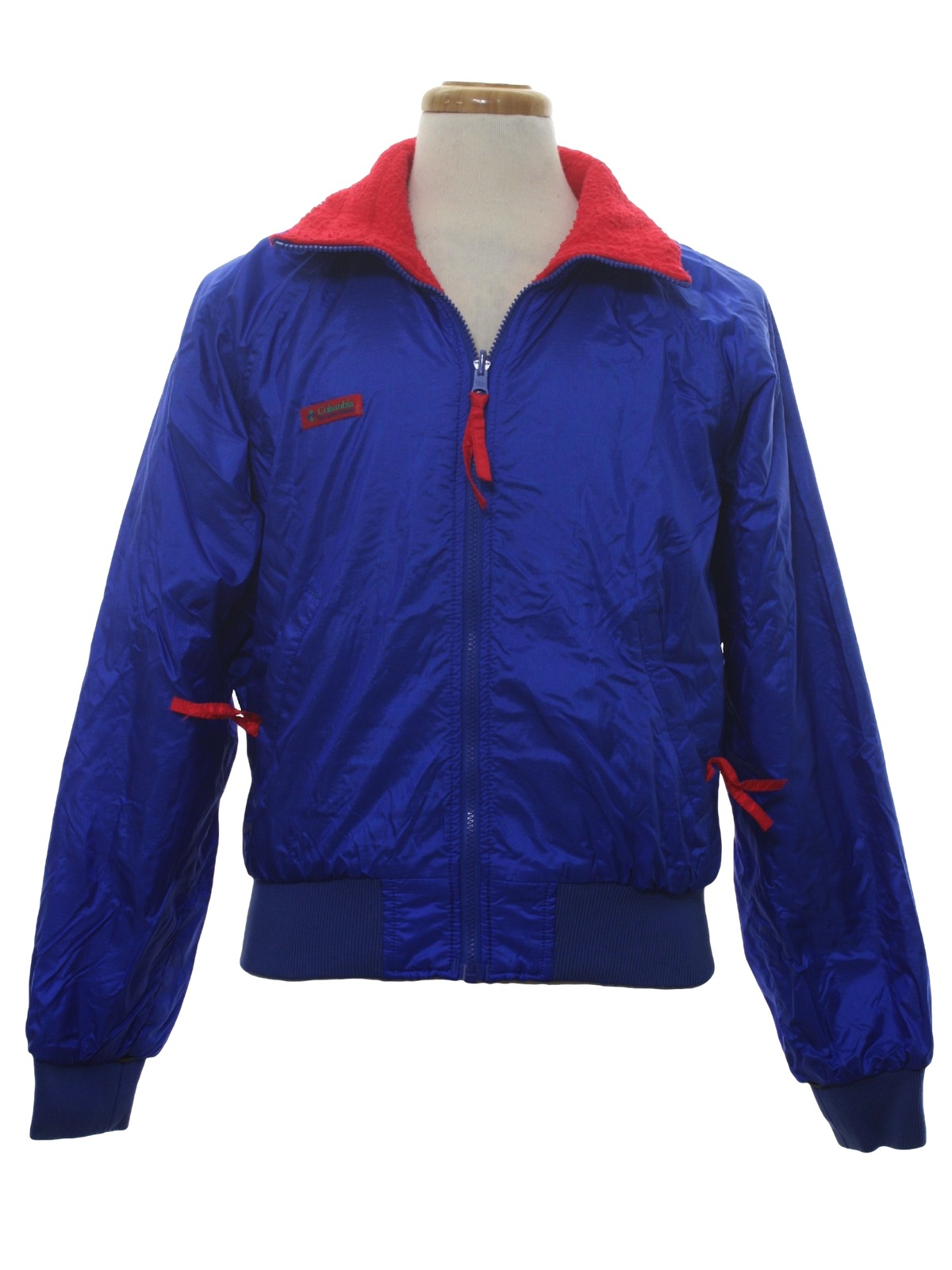 Vintage Columbia 1980s Jacket: Late 80s early 90s -Columbia- Mens shiny  royal blue background, longsleeve, zippered front nylon totally 80s ski  jacket with bright red fuzzy acrylic lining, two lower front zippered