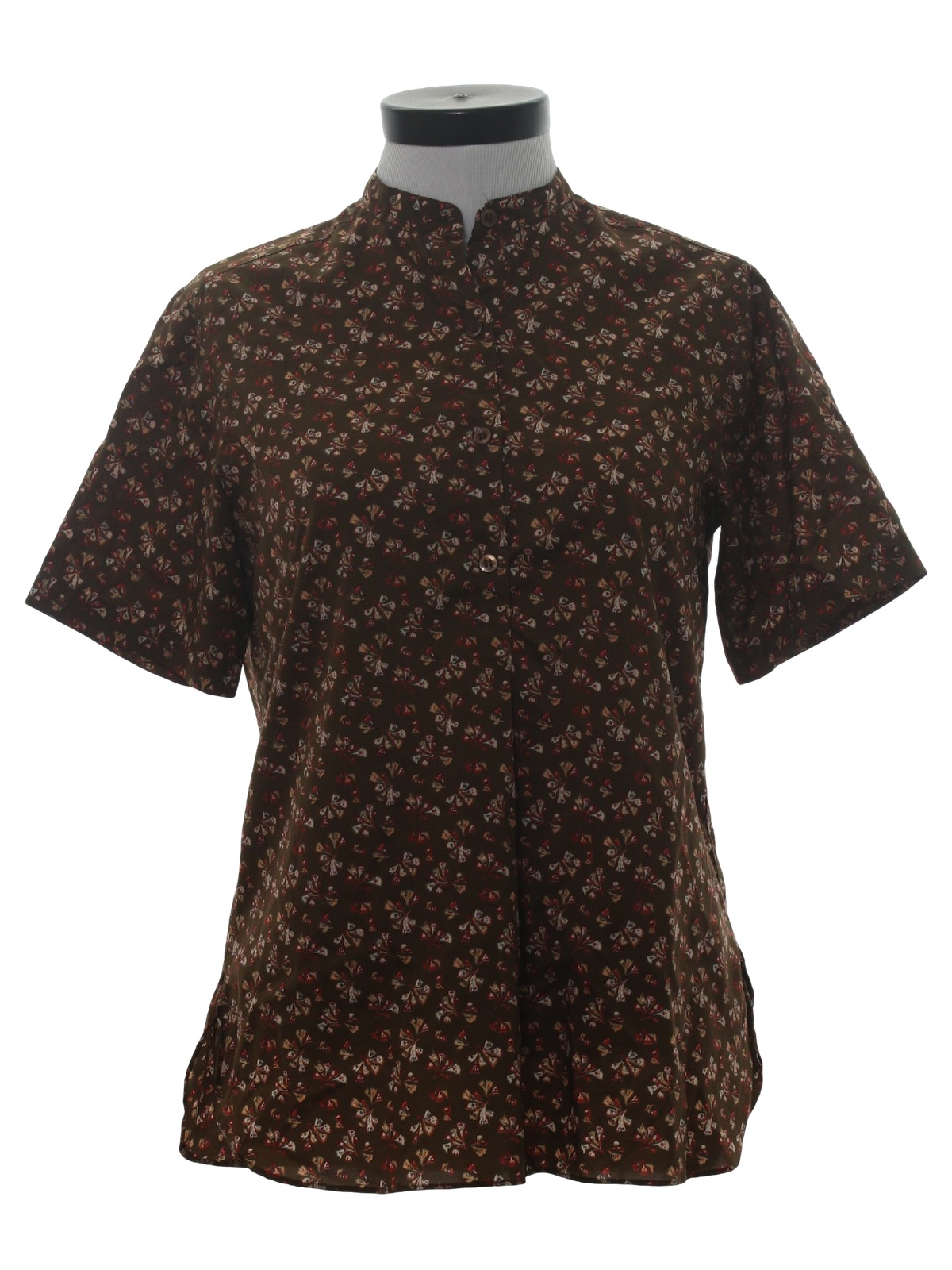 Seventies Shirt: 70s -no label- Womens chocolate brown background silky ...