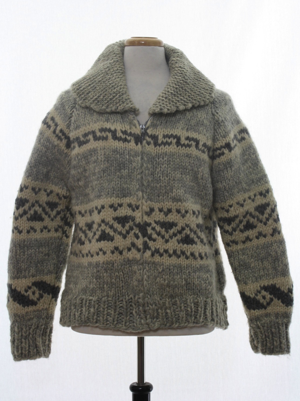 Seventies Vintage Jacket: 70s -Hand Knit- Unisex grey, cream, and ...