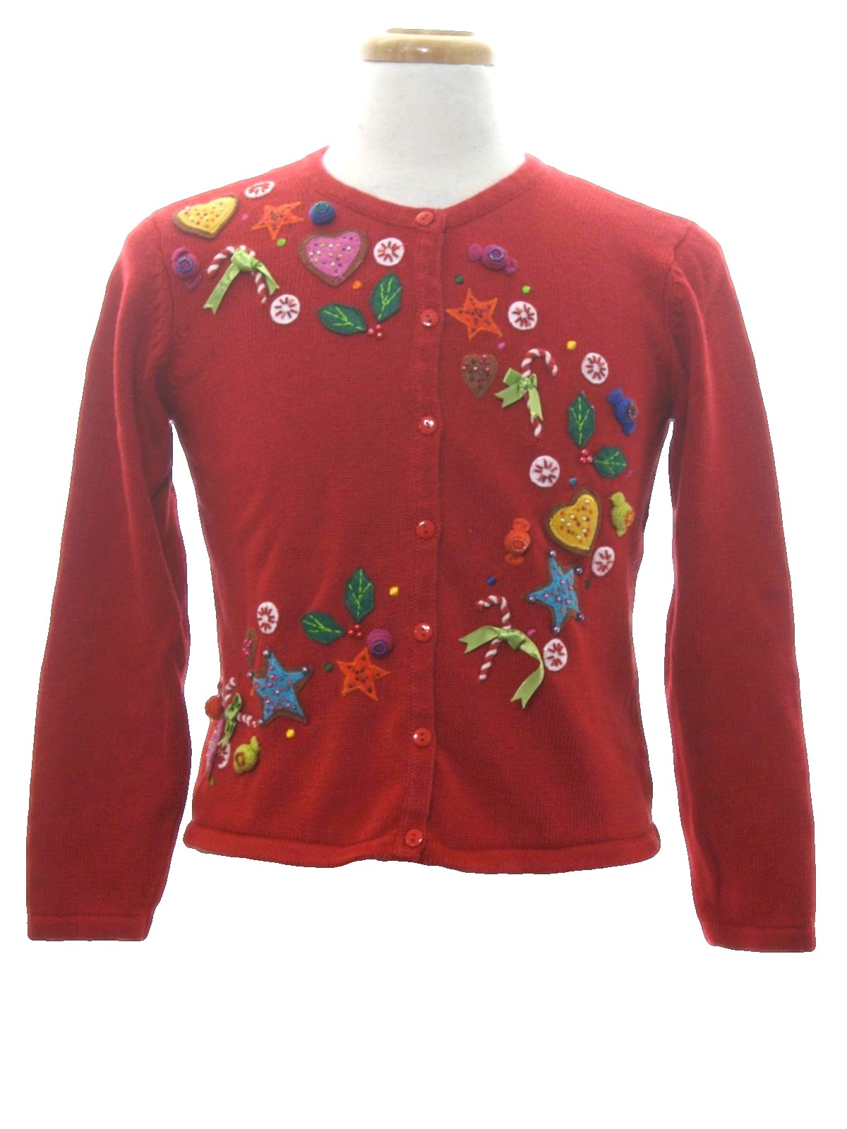 Womens Ugly Christmas Sweater Marisa Christina Classics Petite Womens red background cotton ramie blend button front longsleeve Ugly Christmas Sweater with round neckline. Featuring holiday cookies ...