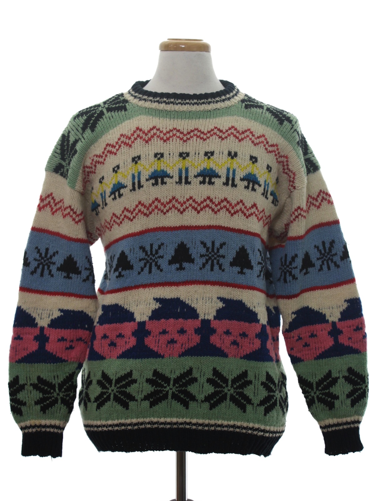 80s Ugly Christmas Sweater (Latin Crafters): 80s Authentic Vintage retro  look -Latin Crafters- Unisex multi-Colored background wool pullover  longsleeve Ugly Christmas Sweater with ribbed knit round neckline.  Featuring Peruvian intarsia knit festive
