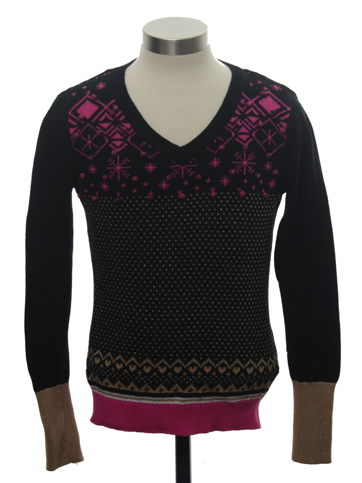Womens or Girls Designer Snowflake Ugly Christmas Sweater Princess Vera Wang Petite Womens or Girls black background cotton ramie blend pullover longsleeve Designer Ugly Christmas Sweater with veed ...