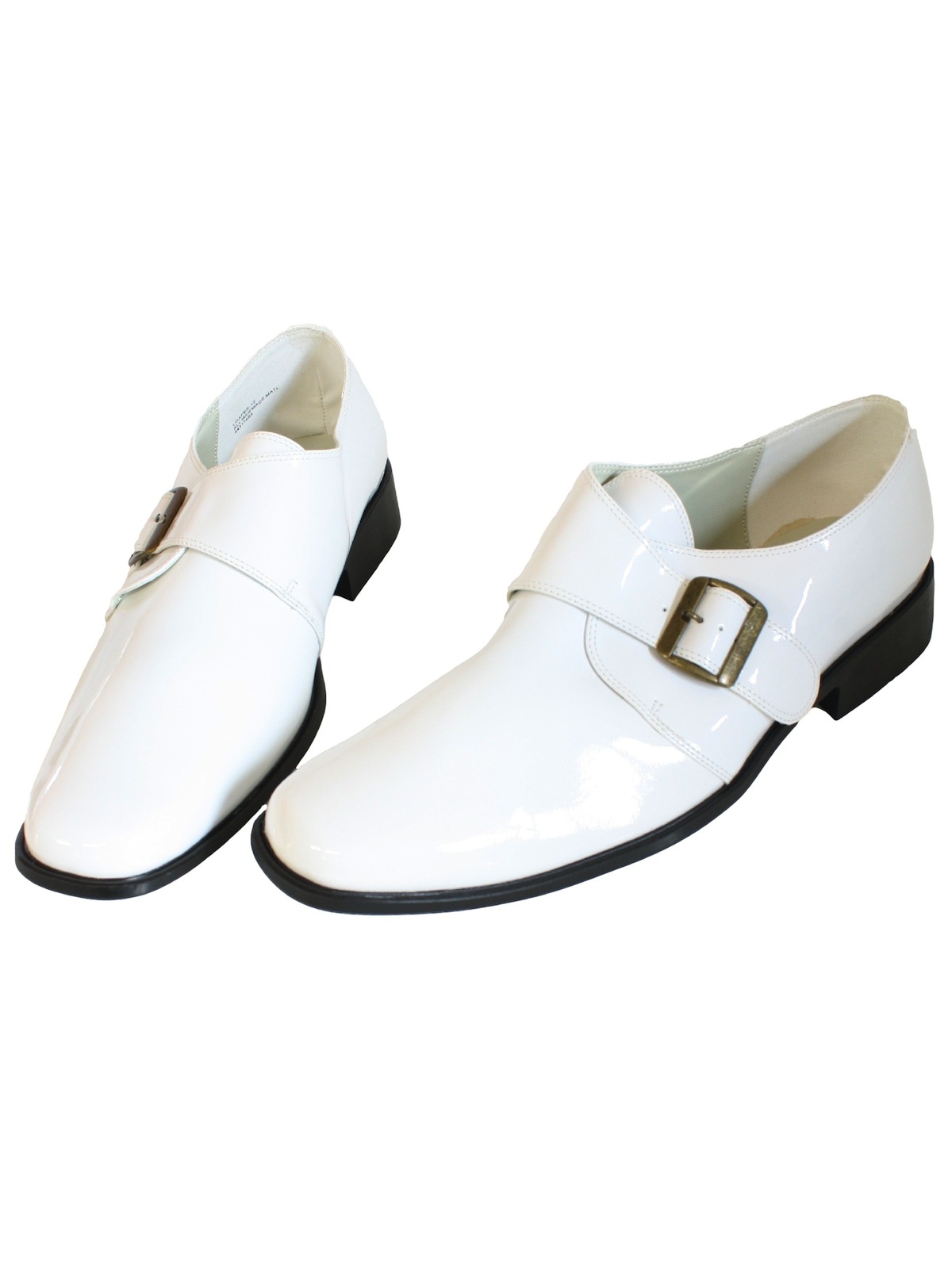 Disco Pimp Loafers Seventies Vintage Shoes 70s reproduction Disco Pimp Loafers Mens white patent faux leather vinyl loafers with brass buckle and black sole. Shoes have a 1 1 4 inch heel