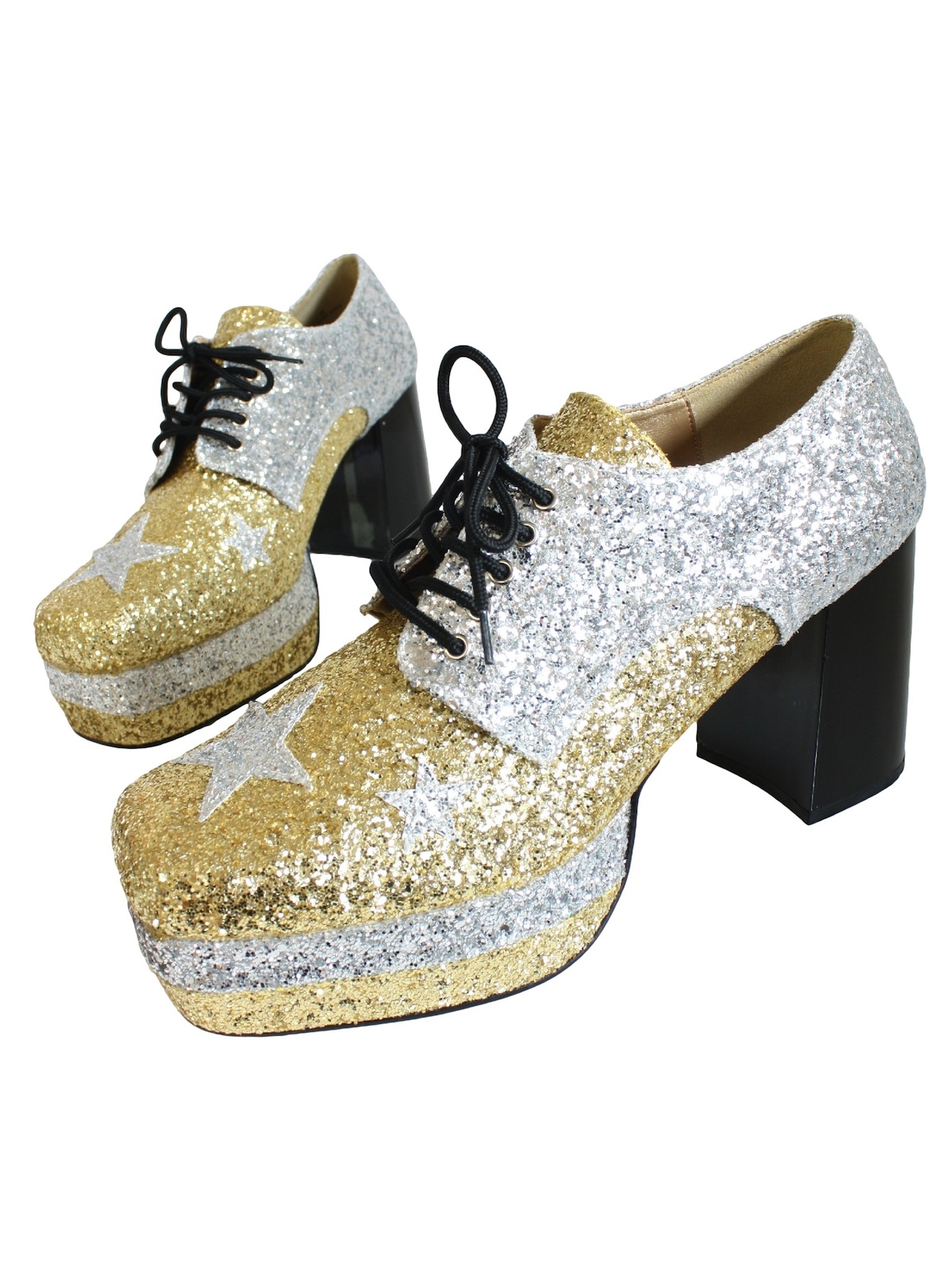 1970's Shoes: 70s reproduction -Elton John Captain Fantastic style Platform  Shoes- Mens silver and gold glitter vinyl platform- style platform pimp  shoes with 5 eye lace up closure, 4 1/2 inch black