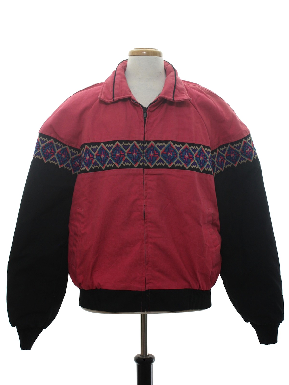 Retro 80's Jacket: 80s -Deuces And Jacks- Mens background, longsleeve, zippered front polyester cotton totally 80s western style jacket with fold over collar featuring purple, tan, black, pink and teal geometric