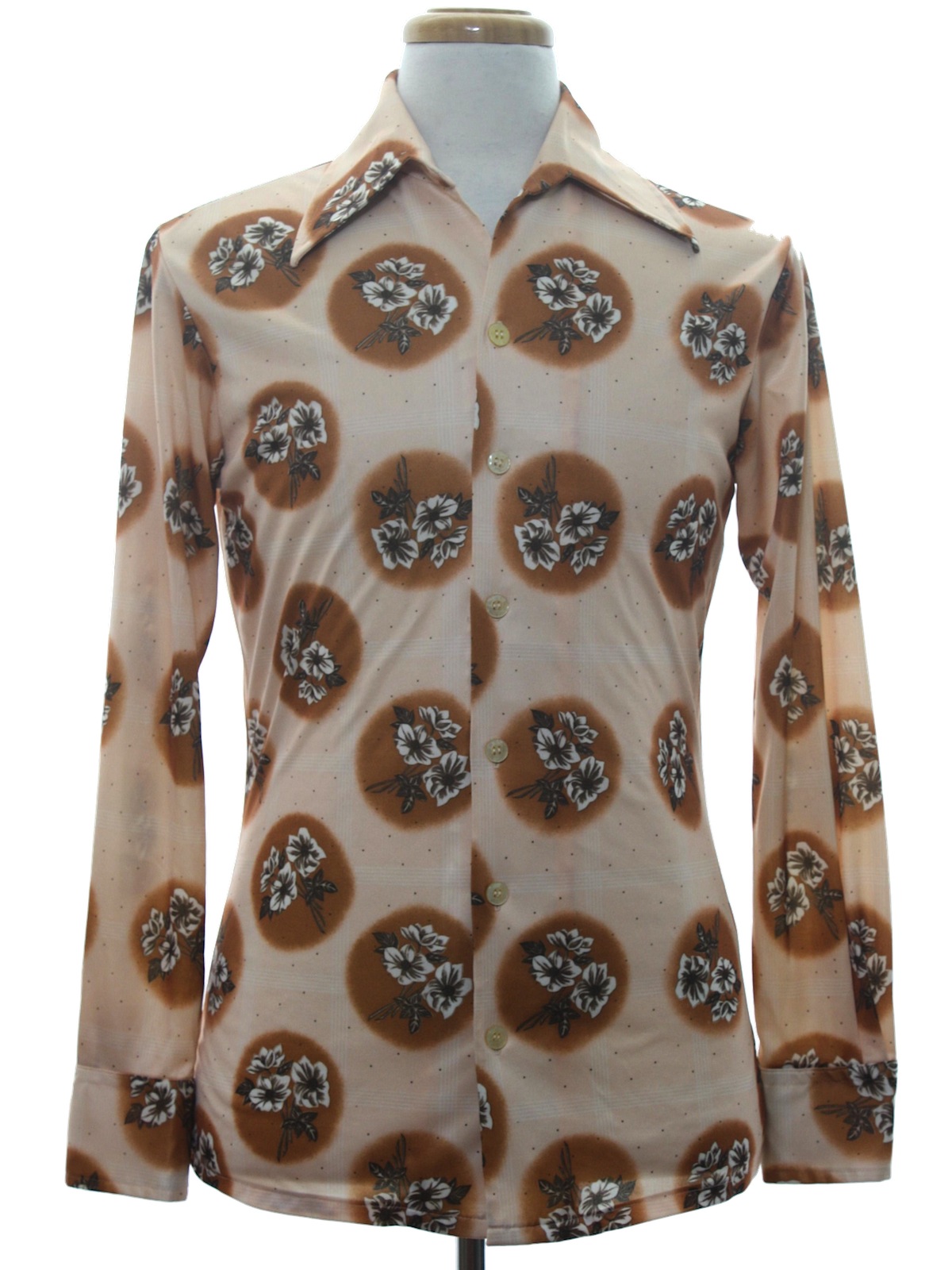 Retro 1970s Print Disco Shirt: 70s -fabric label- Mens fawn background ...