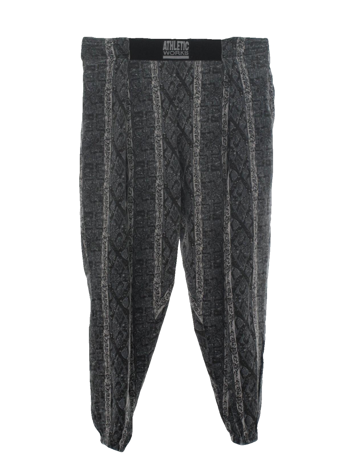 1980s Athletic Works Pants 80s Athletic Works Mens slightly faded grey black and white striped and abstract geometric print background cotton tapered leg pleated front totally 80s baggy pants with a...