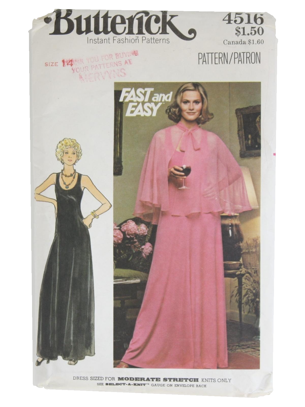 Retro 70's Sewing Pattern: 70s -Butterick Pattern No. 4516- Womens evening  dress and cape. The close fitting, slightly flared dress has deep U  neckline, cutaway armholes, T back, and topstitch trim. The