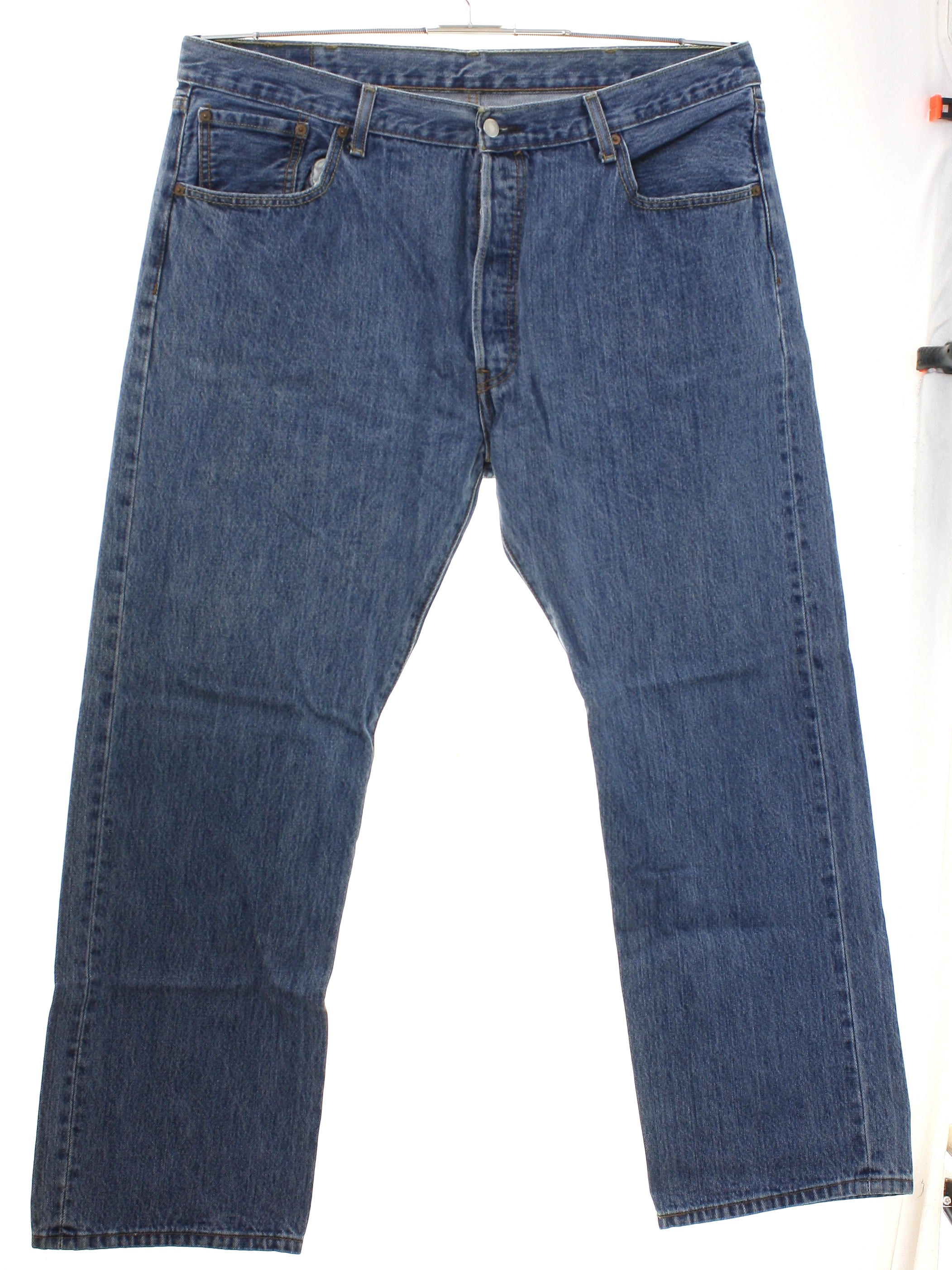 Pants: 90s -Levis 501s- Mens slightly worn blue cotton denim jeans with  button fly closure. Five pocket style - front scoop pockets with single  coin pocket and two rear patch pockets with