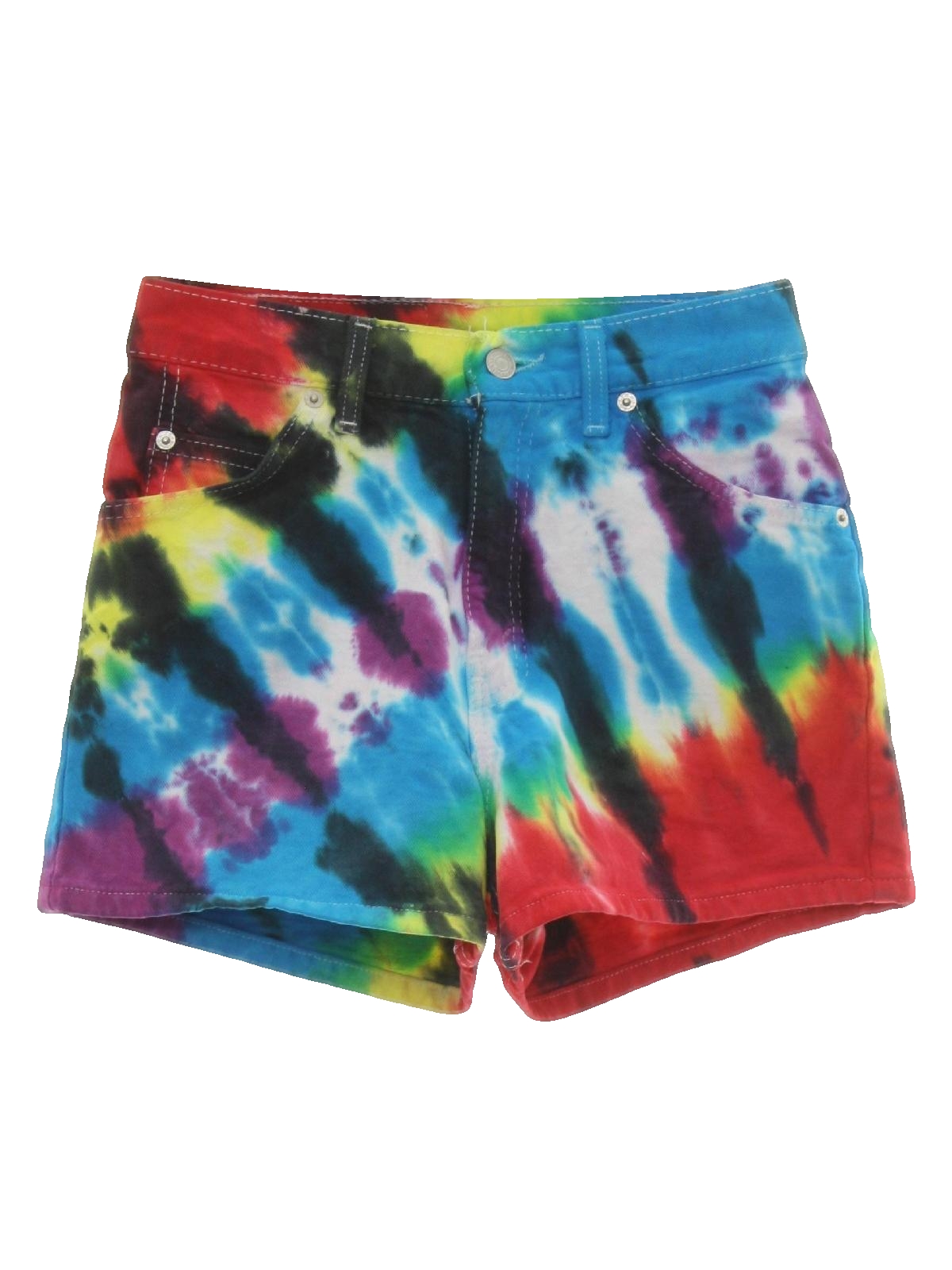 Levis 912 70's Vintage Shorts: 70s Style (Made Recently) -Levis 912- Womens  rainbow, white and black hand tie dyed background, cotton denim shorts with  button and zippered front closure, classic five pocket
