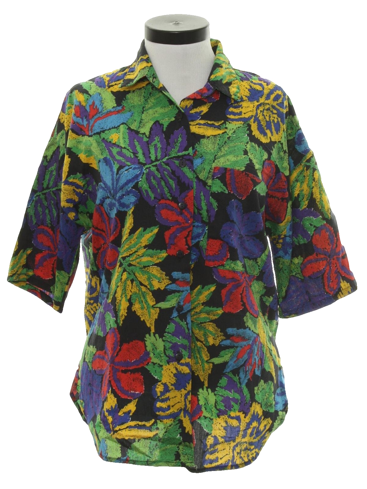 Retro 80's Hawaiian Shirt: 80s -no label- Womens black background rayon ...