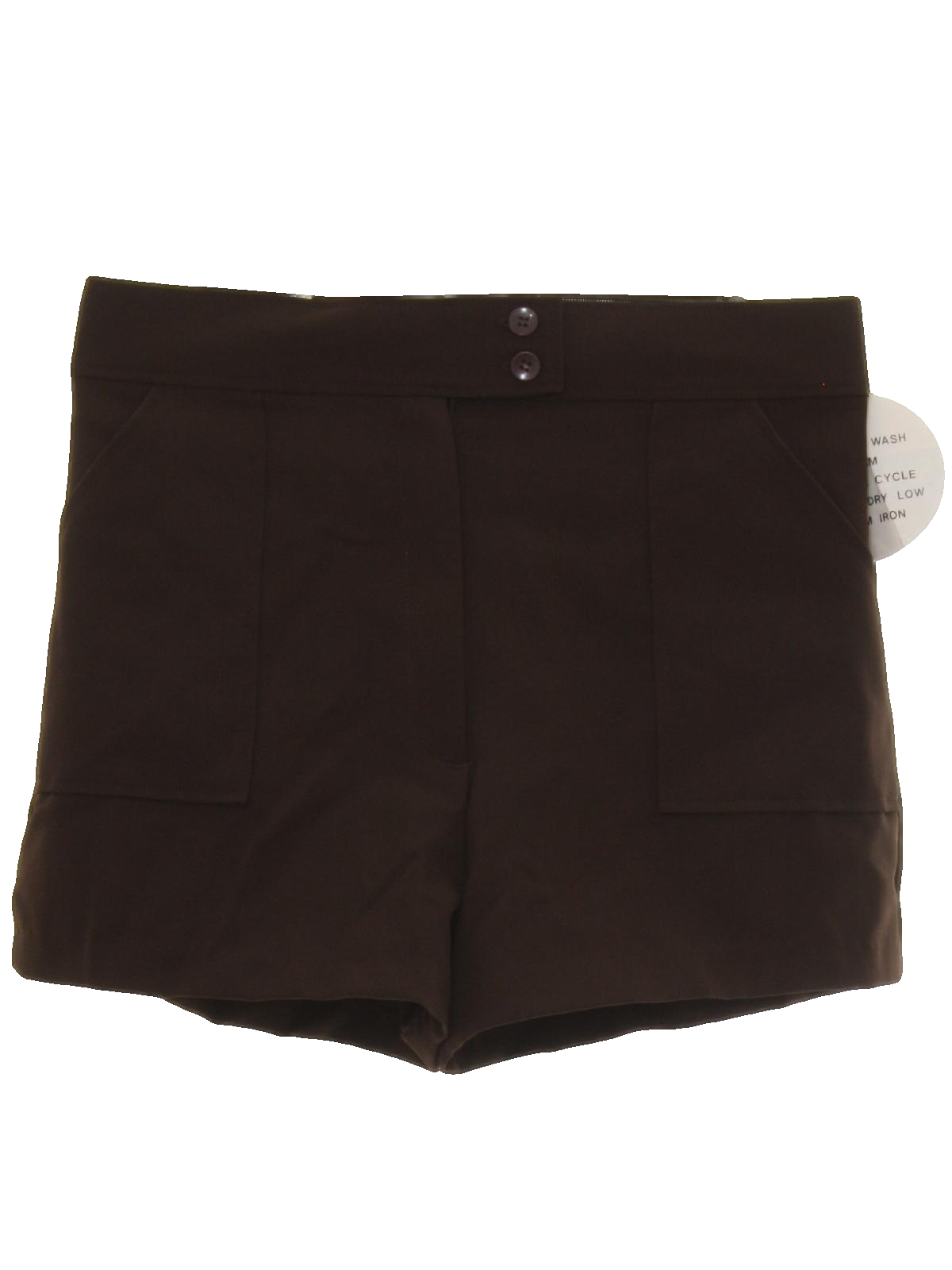 Retro Eighties Shorts: 80s -Kmart- Womens dark brown background polyester  shorts with two button and zippered front closure, front slash pockets and  wide waistband.