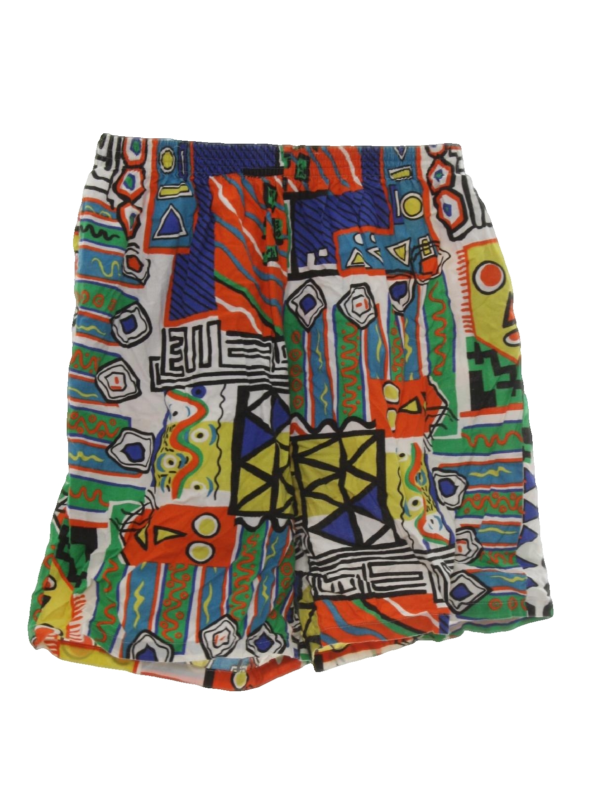 1990 s Retro Shorts 90s In Short Mens white black royal blue green orange yellow and teal green abstract geometric print background cotton wicked 90s baggy print shorts with elastic waistband inset ...