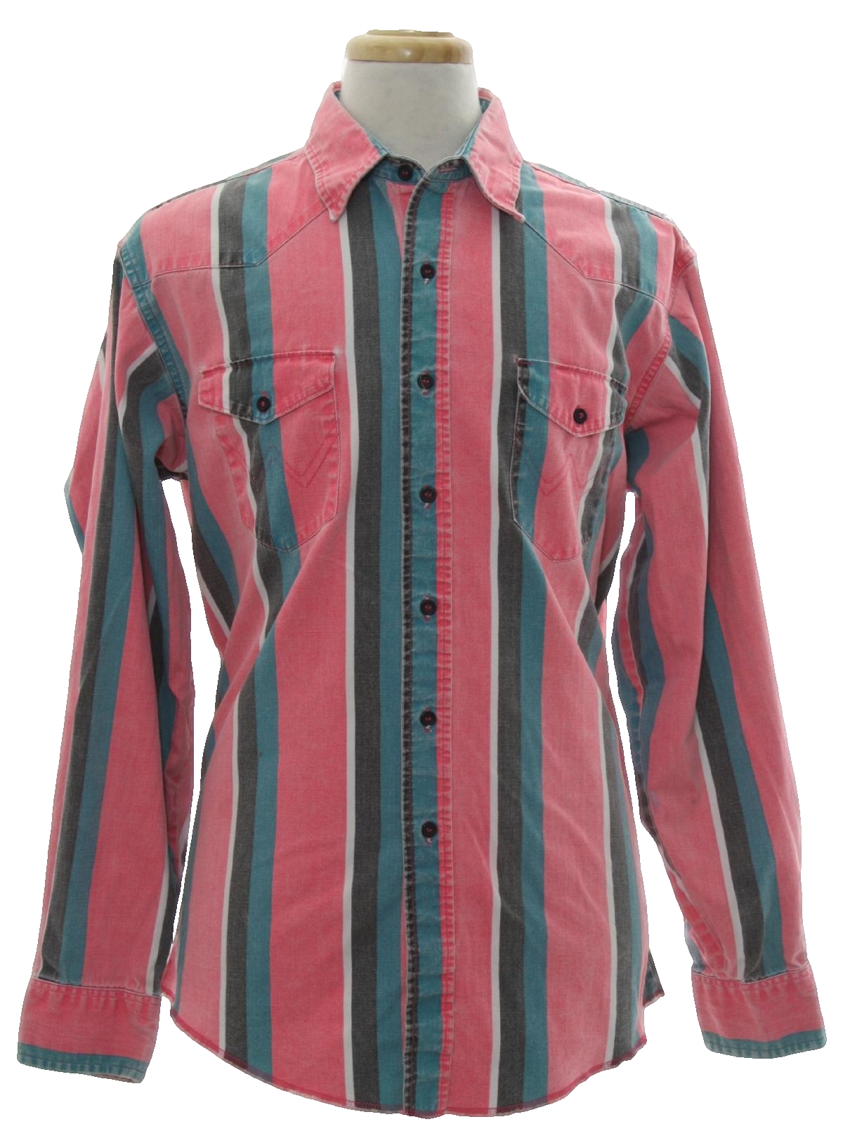 Wrangler Nineties Vintage Western Shirt: 90s -Wrangler- Mens lightly faded  pink, teal green, black and white striped background cotton longsleeve,  button front wicked 90s geometric print western shirt with small fold over