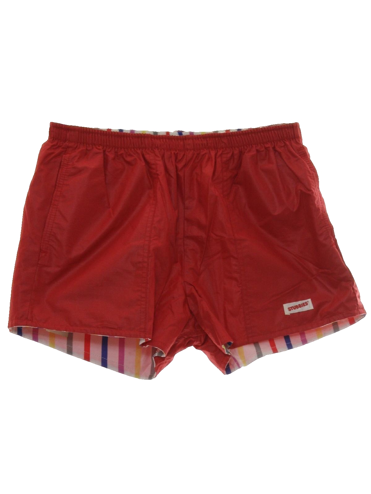 Vintage Stubbies 1980s Shorts: 80s -Stubbies- Mens red background wet look cotton reversible to white background with gray, yellow, violet, cobalt blue and red stripes print, cotton poplin, totally 80s rare elastic Vintage Stubbies 1980s Shorts: 80s -Stubbies- Mens red background wet look cotton reversible to white background with gray, yellow, violet, cobalt blue and red stripes print, cotton poplin, totally 80s rare elastic