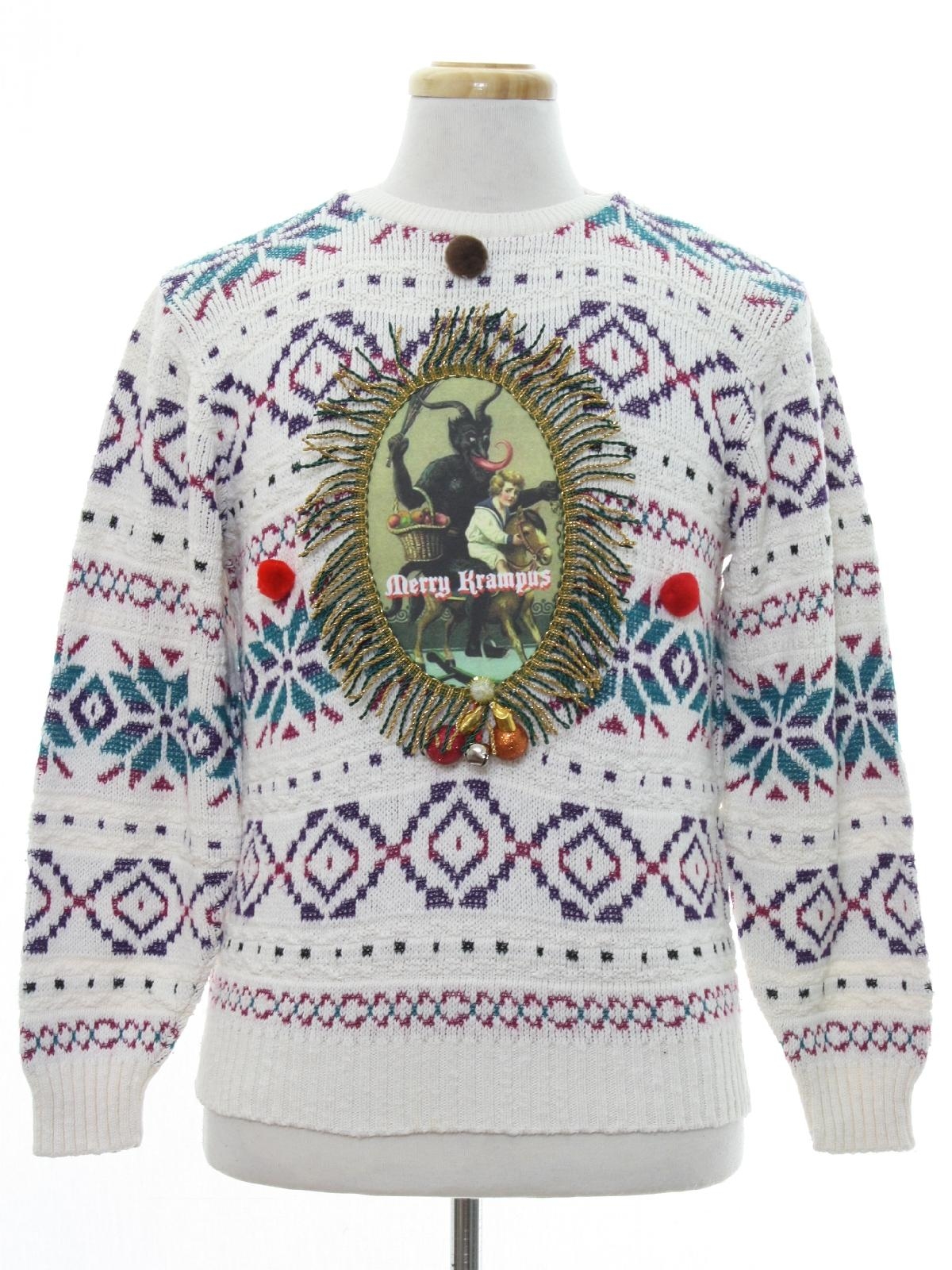 Krampus Ugly Christmas Sweater Alfred Dunner Petite Unisex winter white with purple pink and teal snowflake print background cotton pullover longsleeve Krampus Ugly Christmas Sweater with round neck...