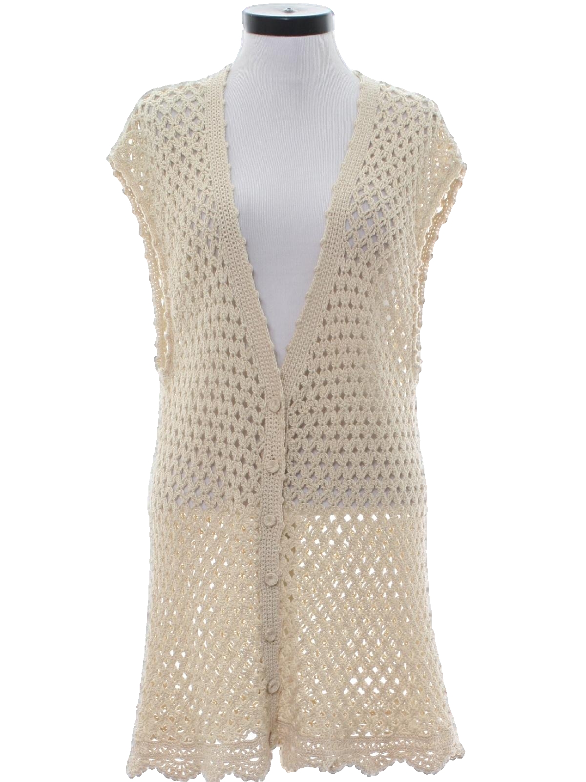 Retro 1980's Vest: 80s -No Label- Womens ecru background cotton yarn ...