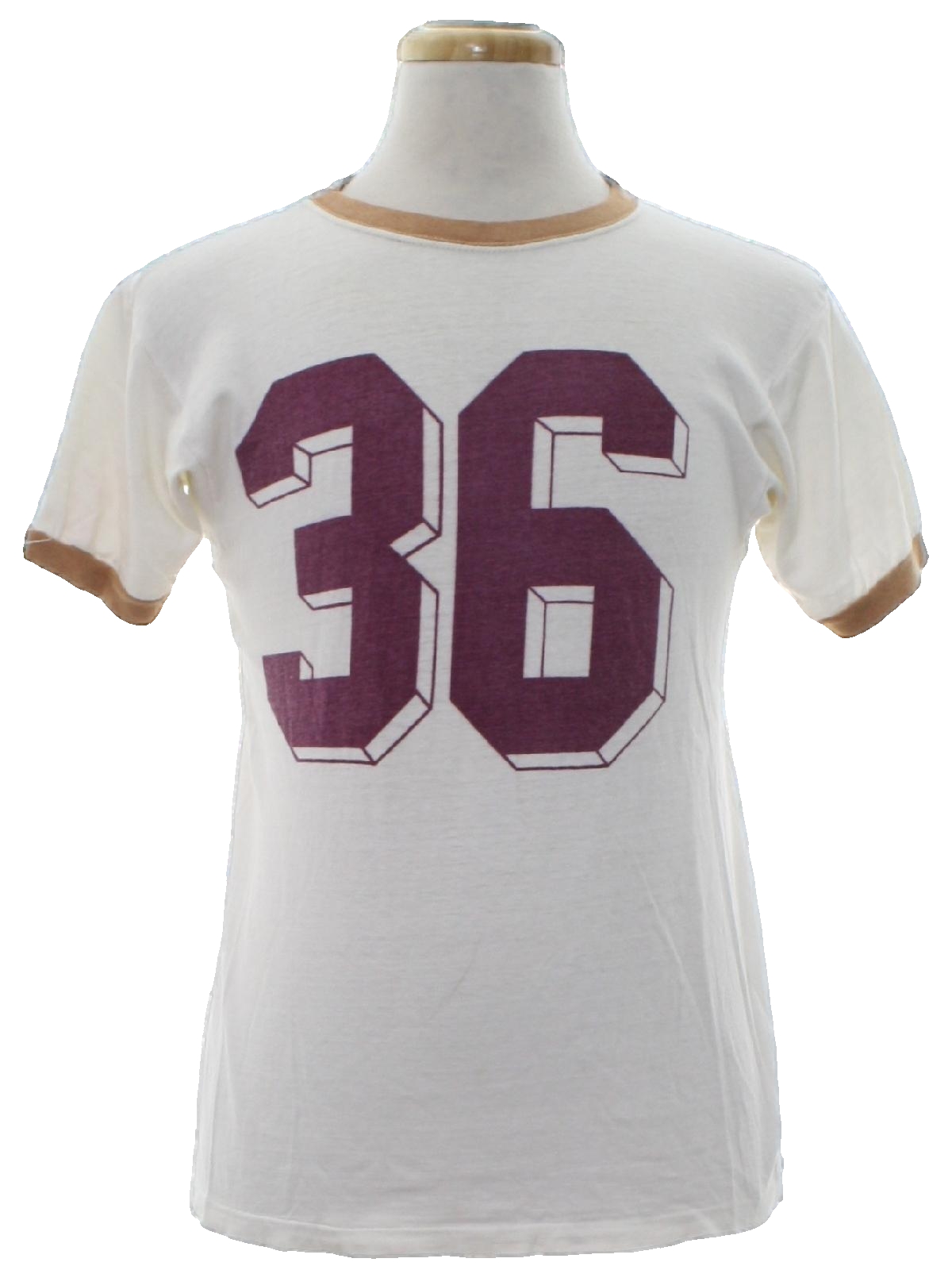 Vintage Sportswear 70's T Shirt: 70s -Sportswear- Unisex white background  cotton polyester blend short sleeve, pullover T-shirt with tan trimmed  round neckline, tan trimmed sleeve cuffs, the number -36- screen printed in