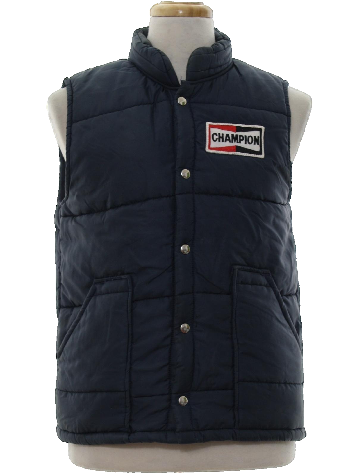 1960's Jacket (Champion Official Racing Apparel): 60s -Champion Official Apparel- Mens navy blue nylon taffeta quilted racing ski vest puffer vest with waist length styling, metal snaps in front, lower
