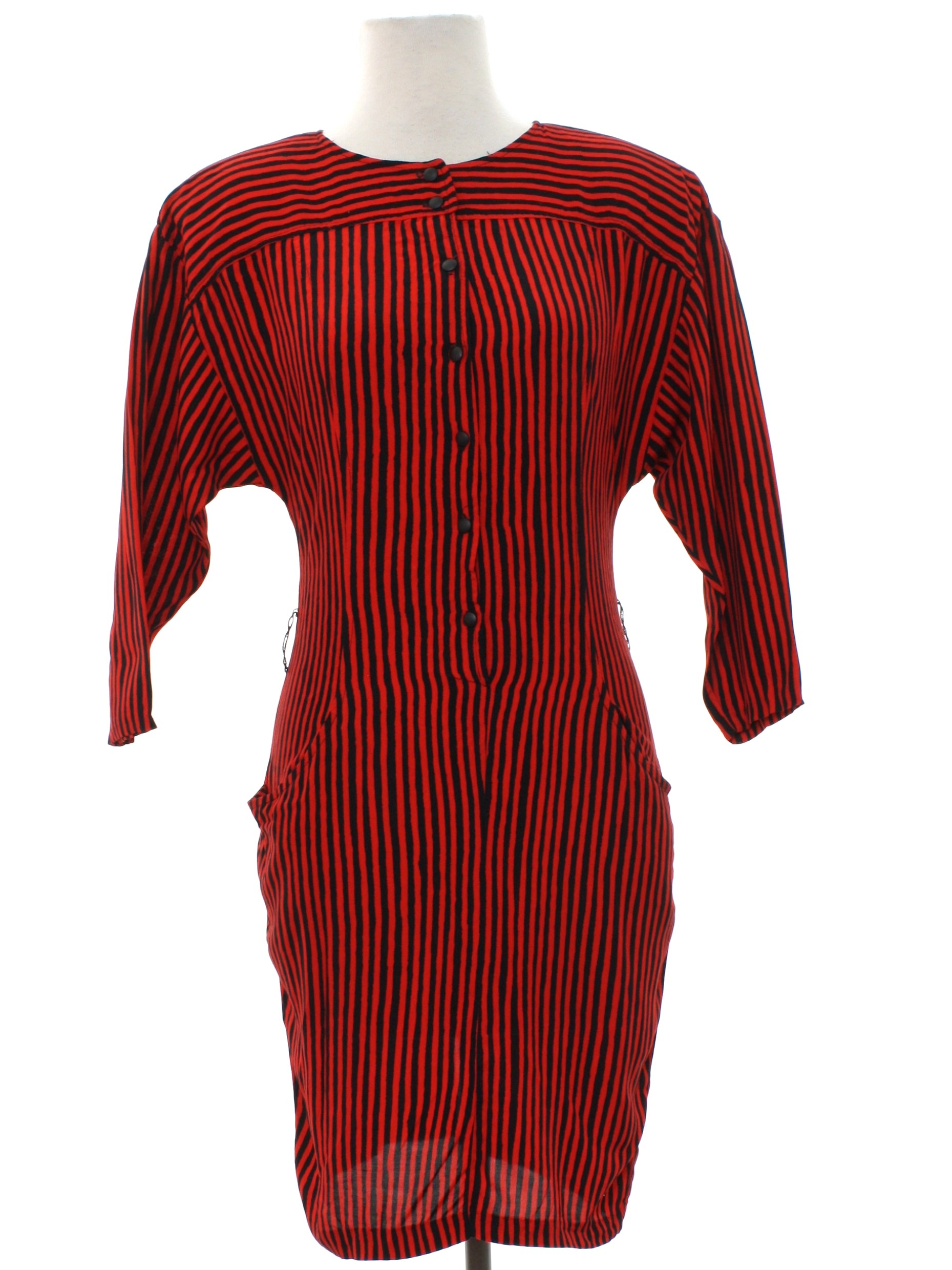 Retro 80s Dress (Contempo Casuals) : 80s -Contempo Casuals- Womens red and  black striped background rayon 3/4 length dolman sleeve Totally 80s above  the knee length dress. Round neckline, fitted waistline. Dress